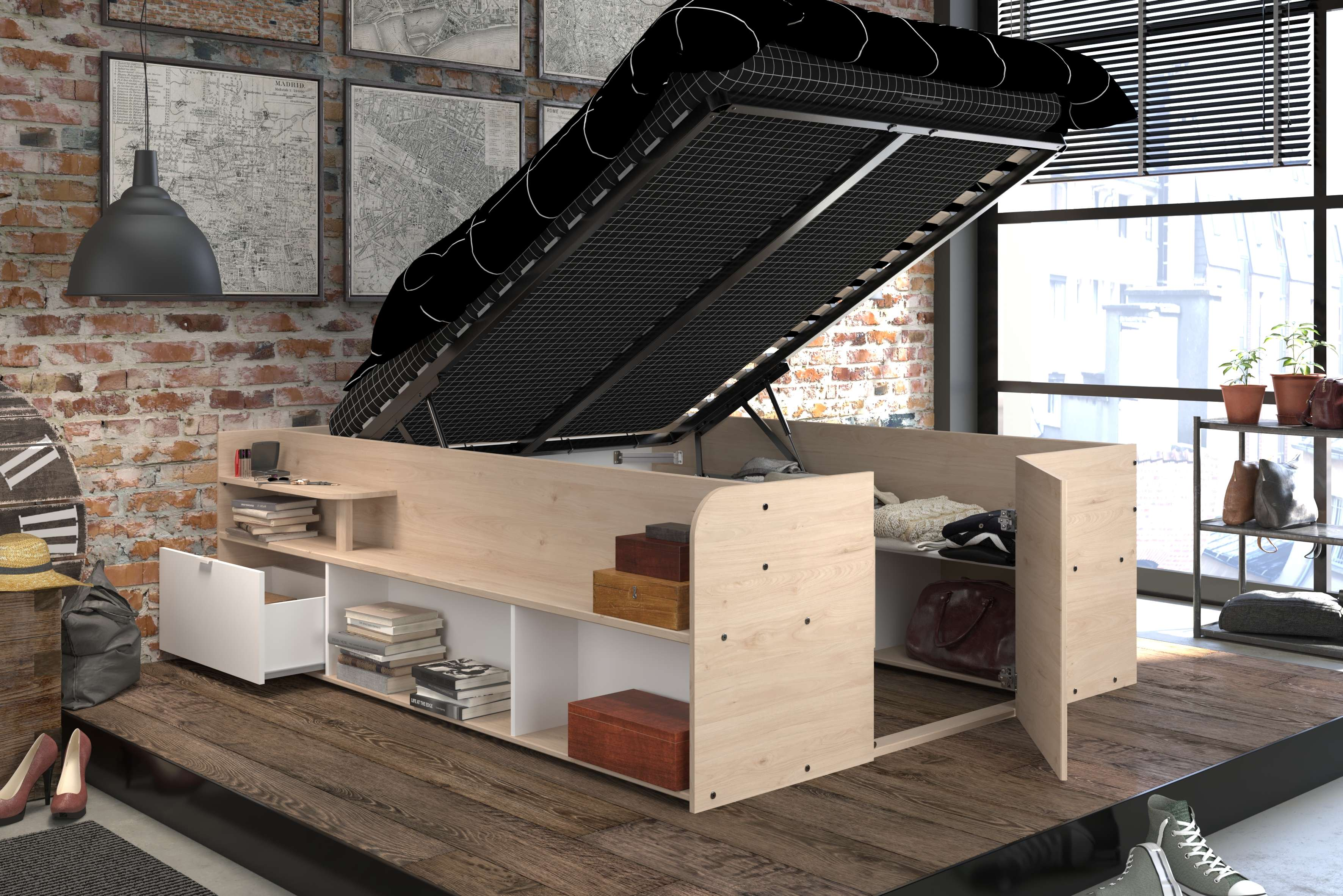 Una cama con almacenamiento abierto, suelos de madera y mapas de pared.