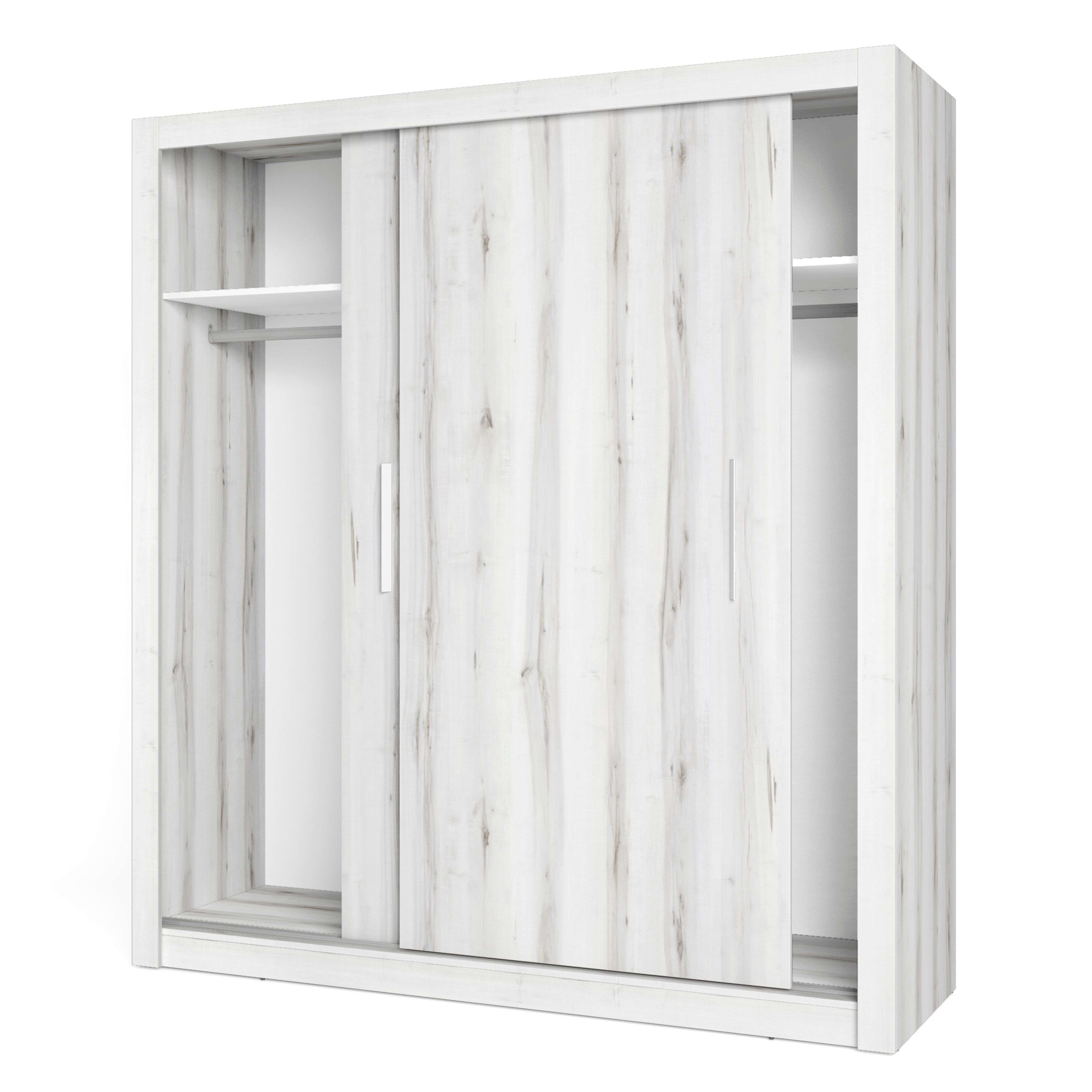 Un armario blanco con dos puertas correderas y veta de madera.