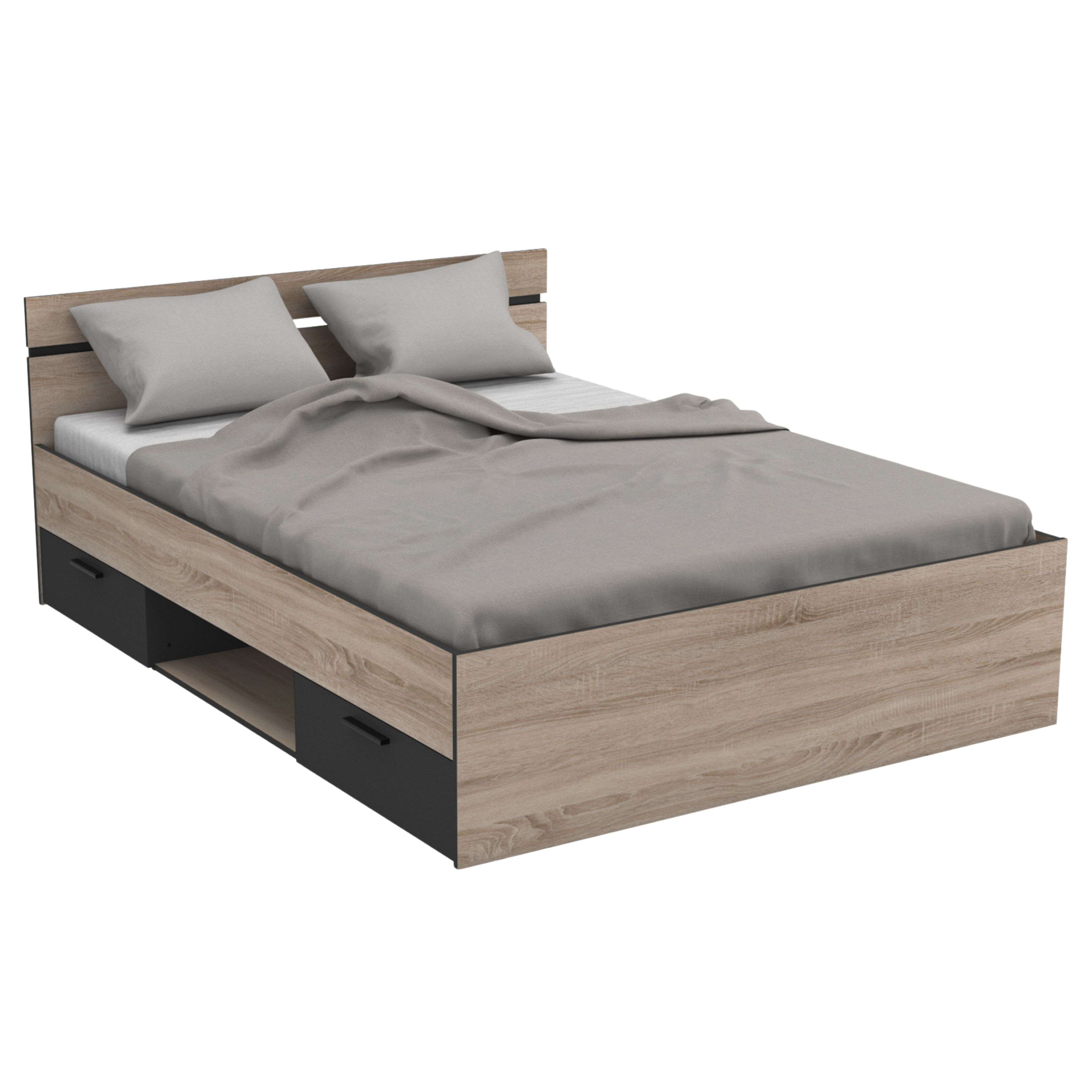 Cama moderna con acabado de madera, dos almohadas grises y manta.