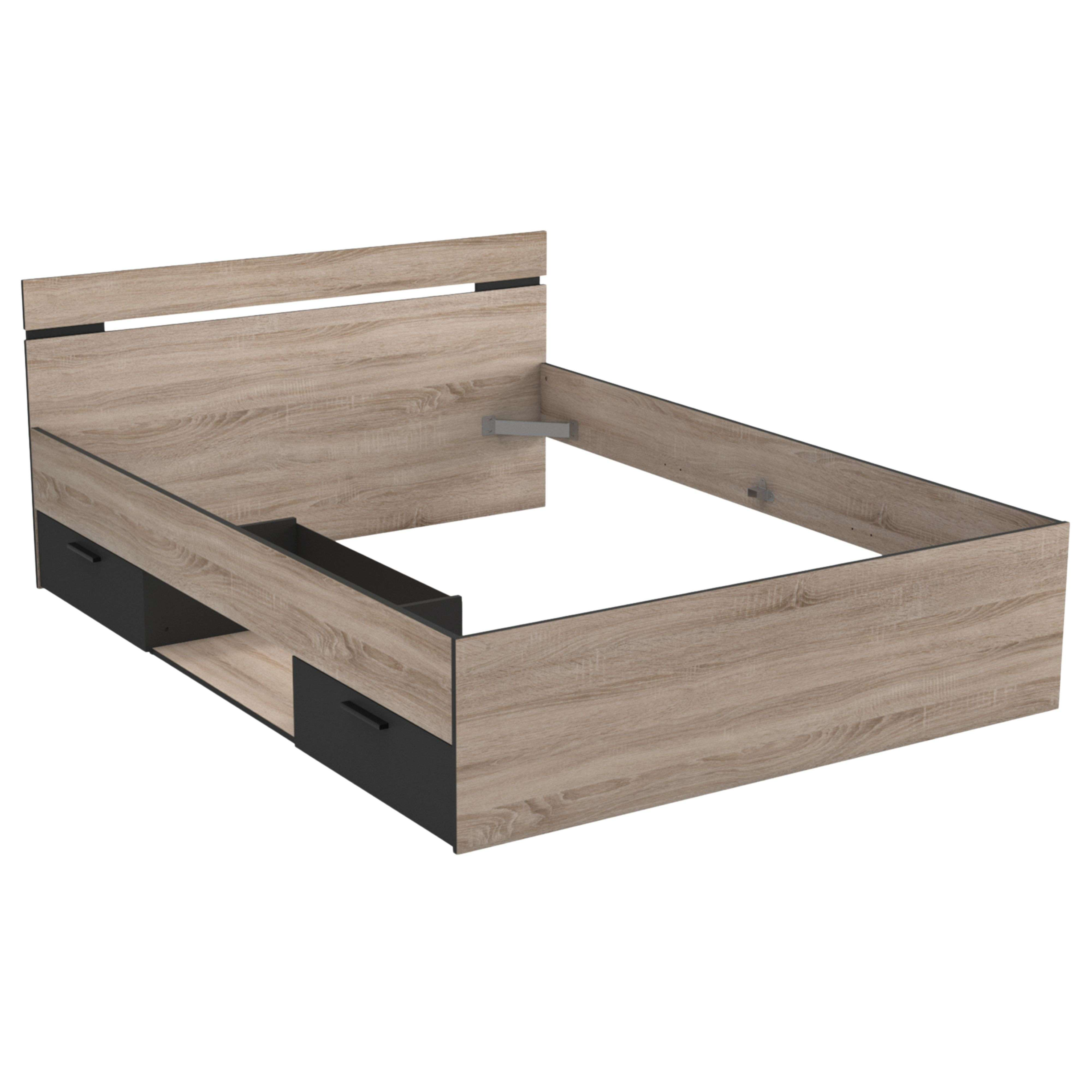 Estructura de cama de madera con cajones y estante abierto.