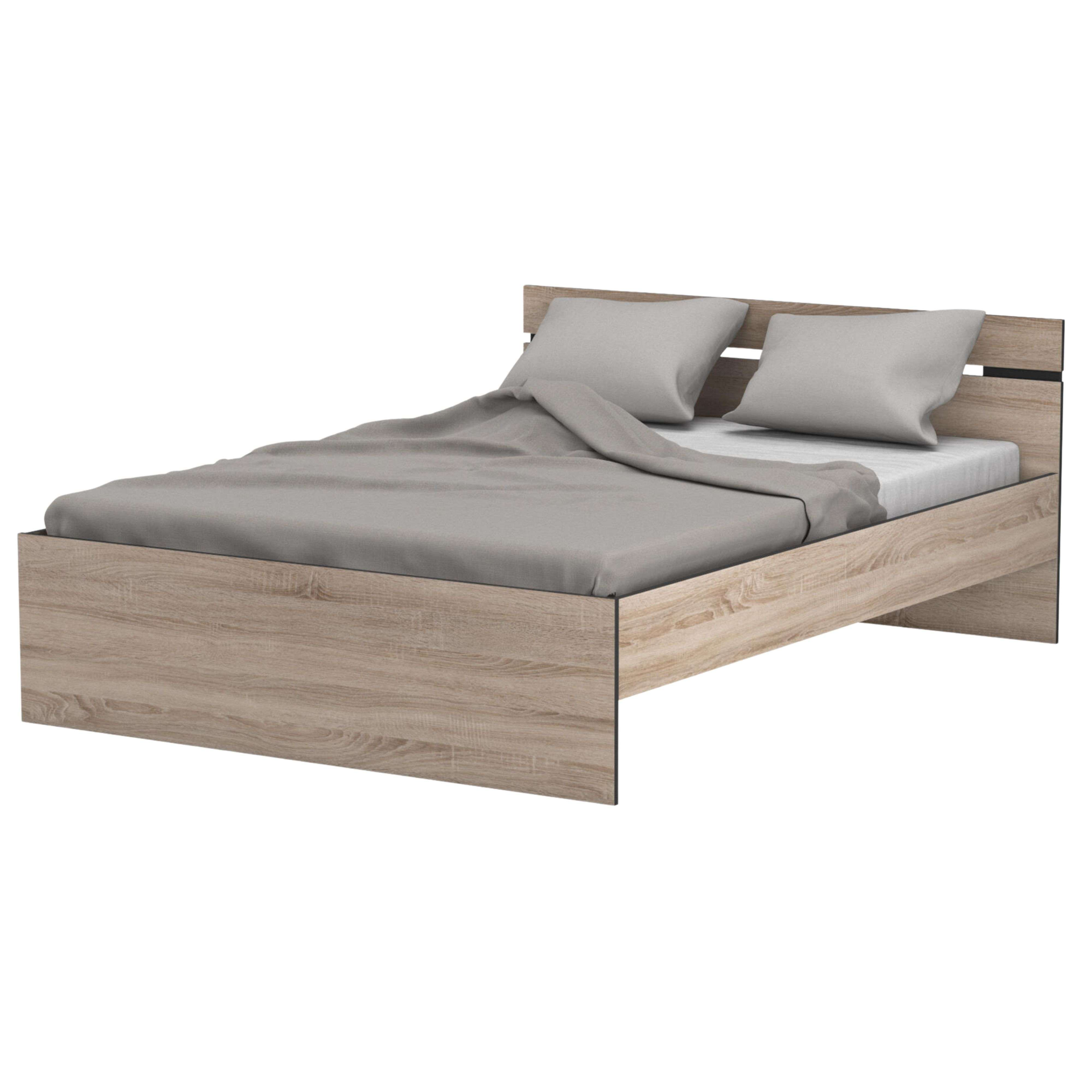 Una cama de madera con ropa de cama gris y dos almohadas.