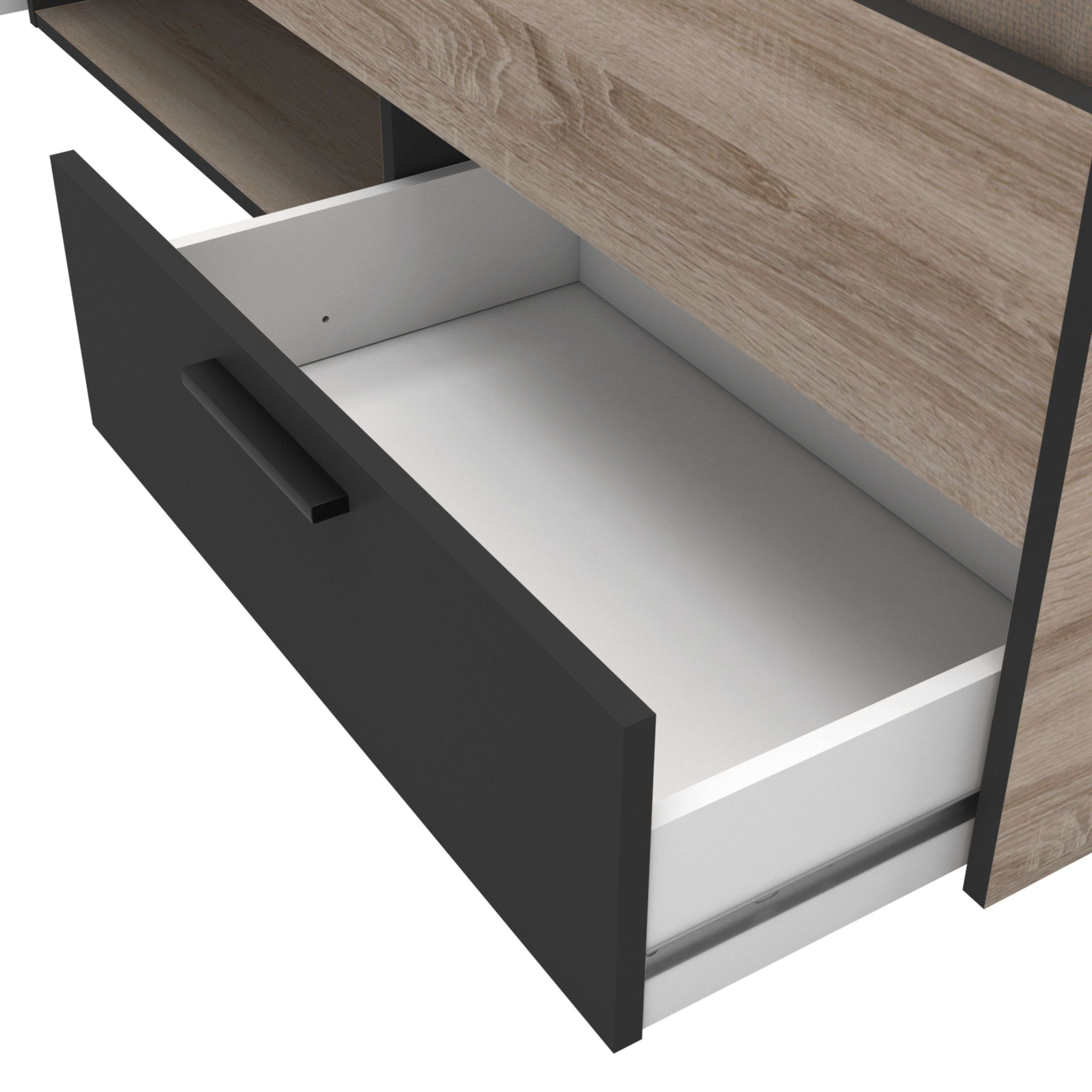 Un mueble de cajón extraíble con frente de madera y negro.