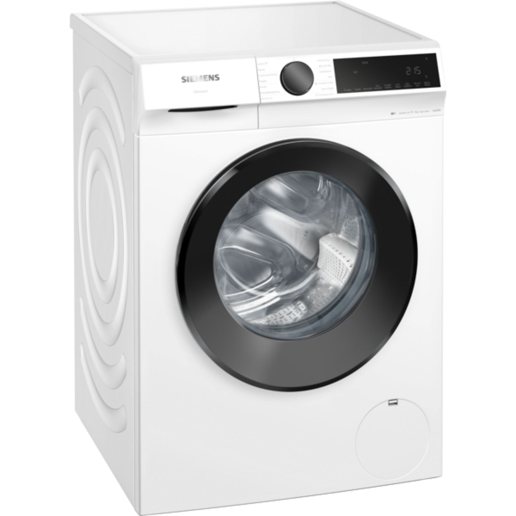 Siyah yuvarlak kapaklı ve dijital ekranlı beyaz bir Siemens çamaşır makinesi.