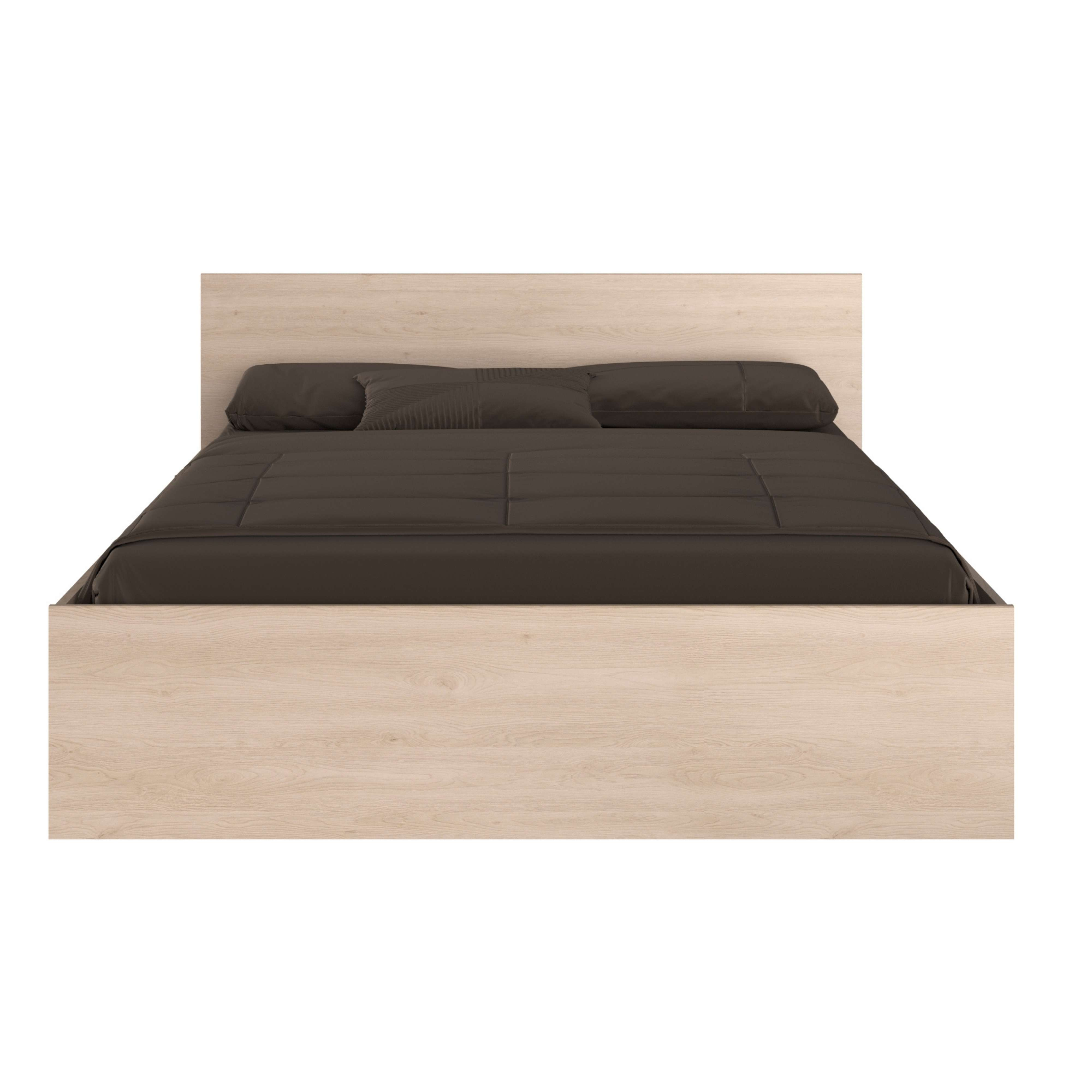 Una cama de madera clara con ropa de cama oscura y almohadas.
