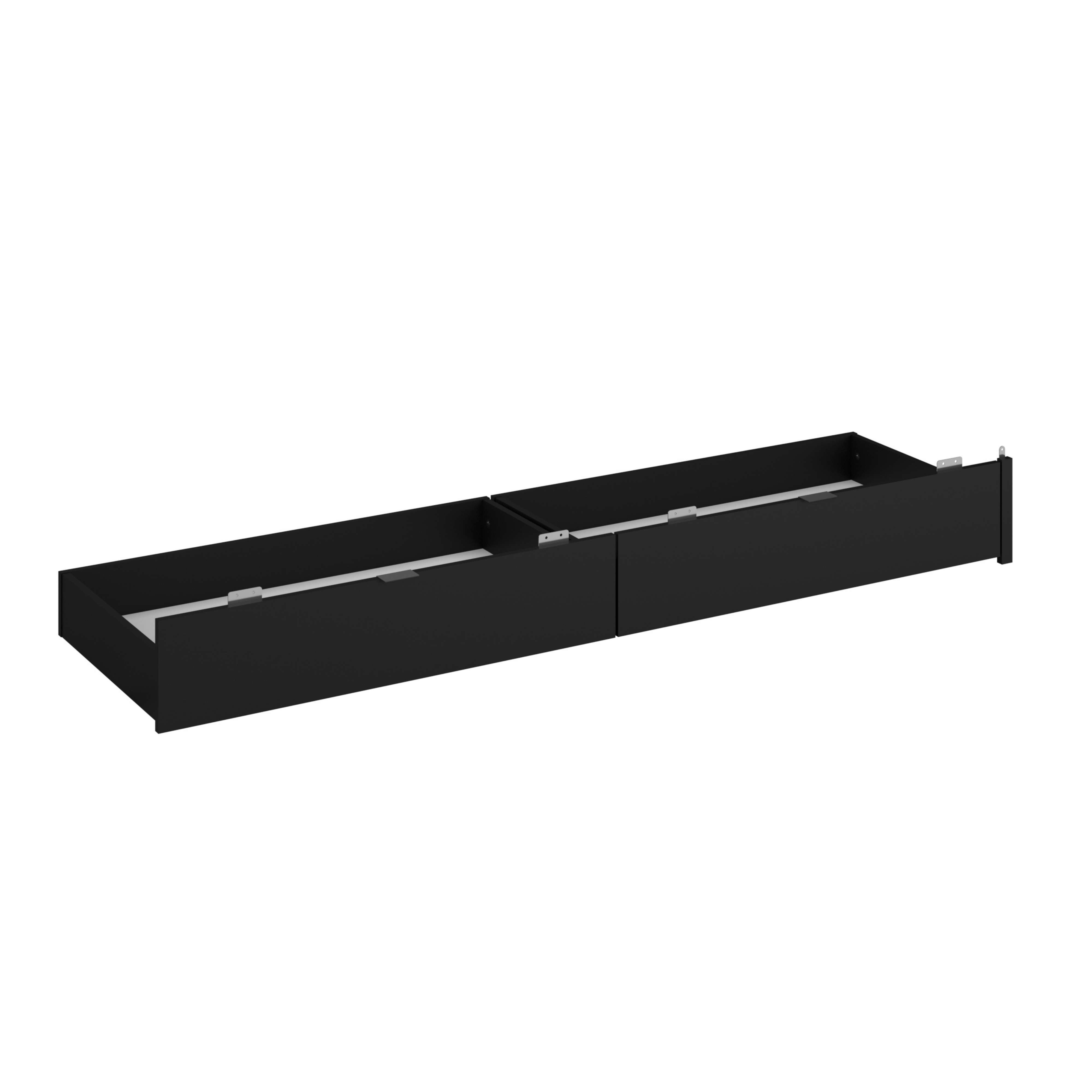 Un cajón de cama negro con dos cajones, sobre fondo blanco.