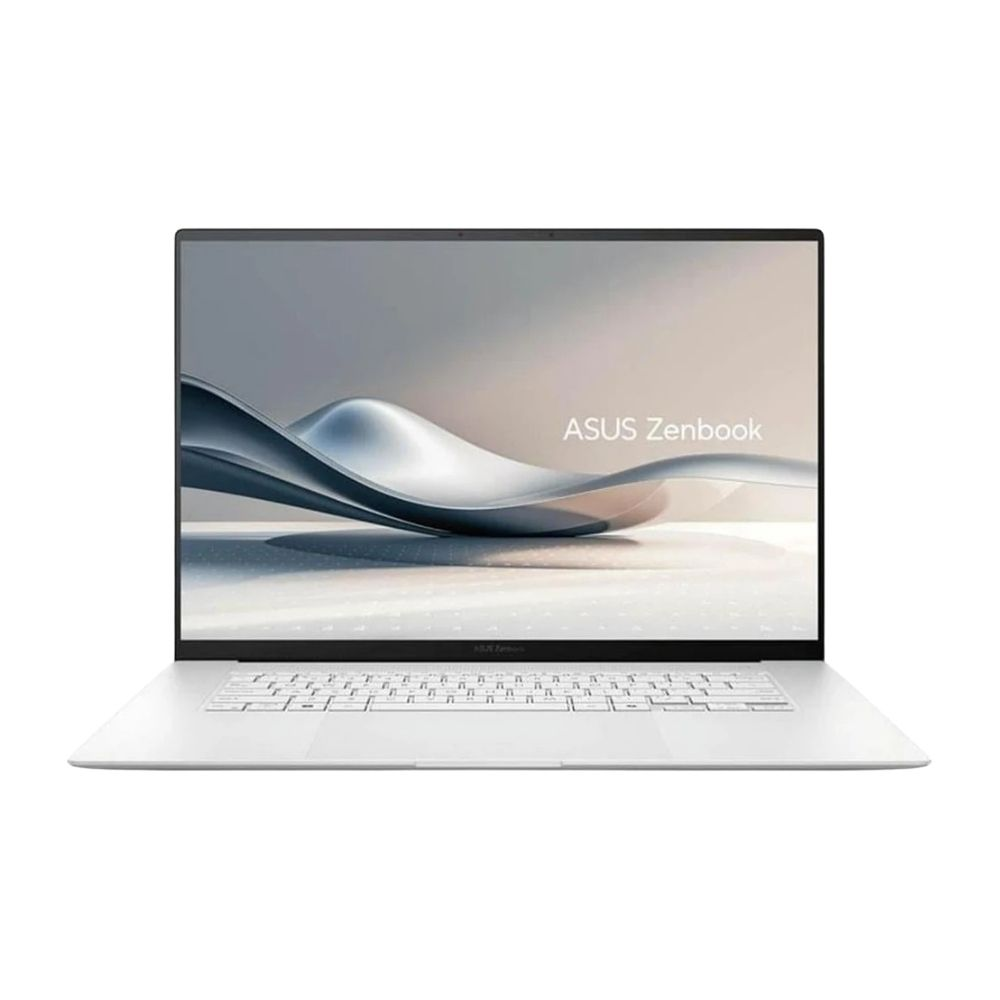 Ekranında soyut mavi bir tasarım gösteren beyaz bir ASUS Zenbook dizüstü bilgisayar.