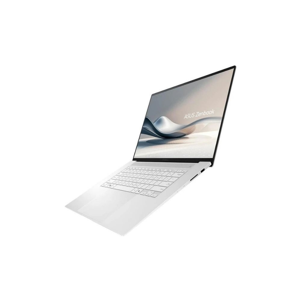 ASUS Zenbook yazısı gösteren açık ekranlı beyaz bir dizüstü bilgisayar.