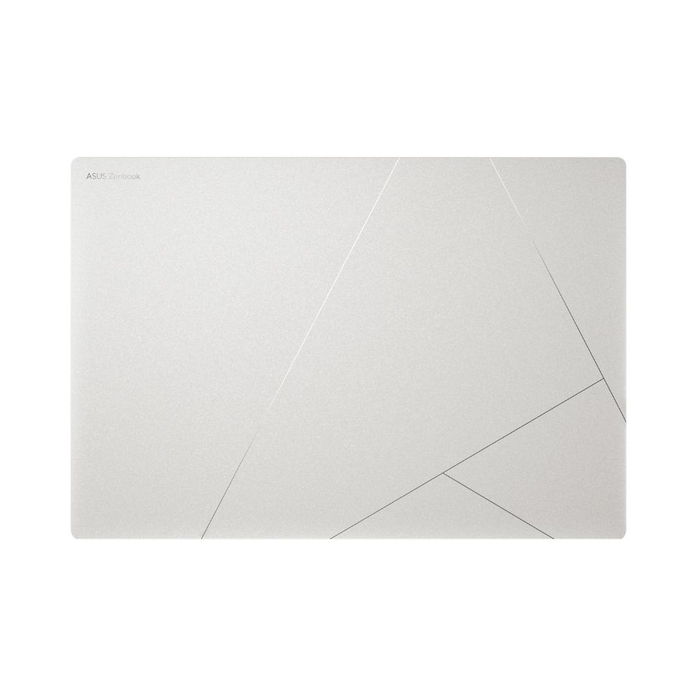 ASUS Zenbook logolu beyaz dizüstü üstü ve geometrik çizgiler.