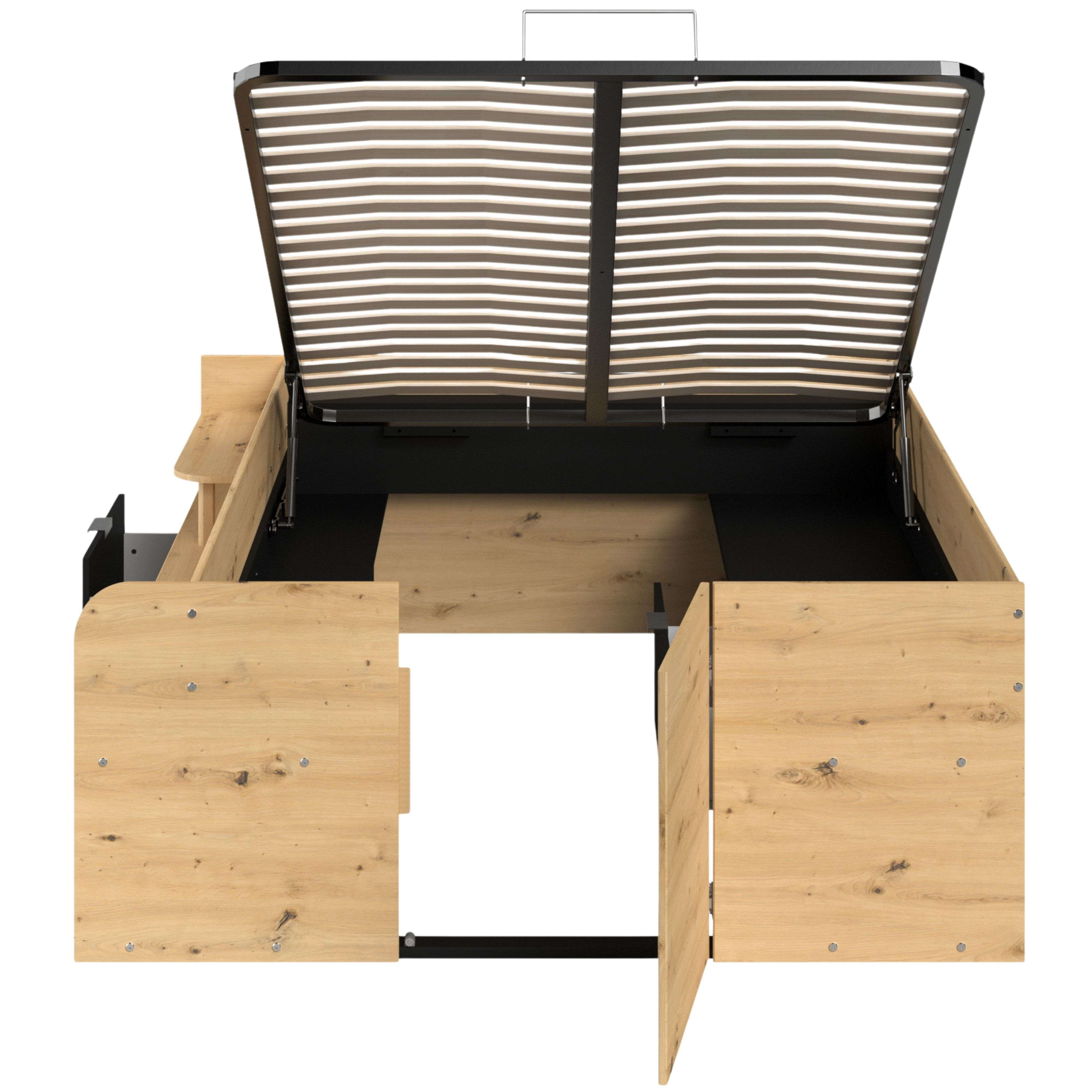 Estructura de cama abierta de madera clara con somier de láminas y almacenaje.