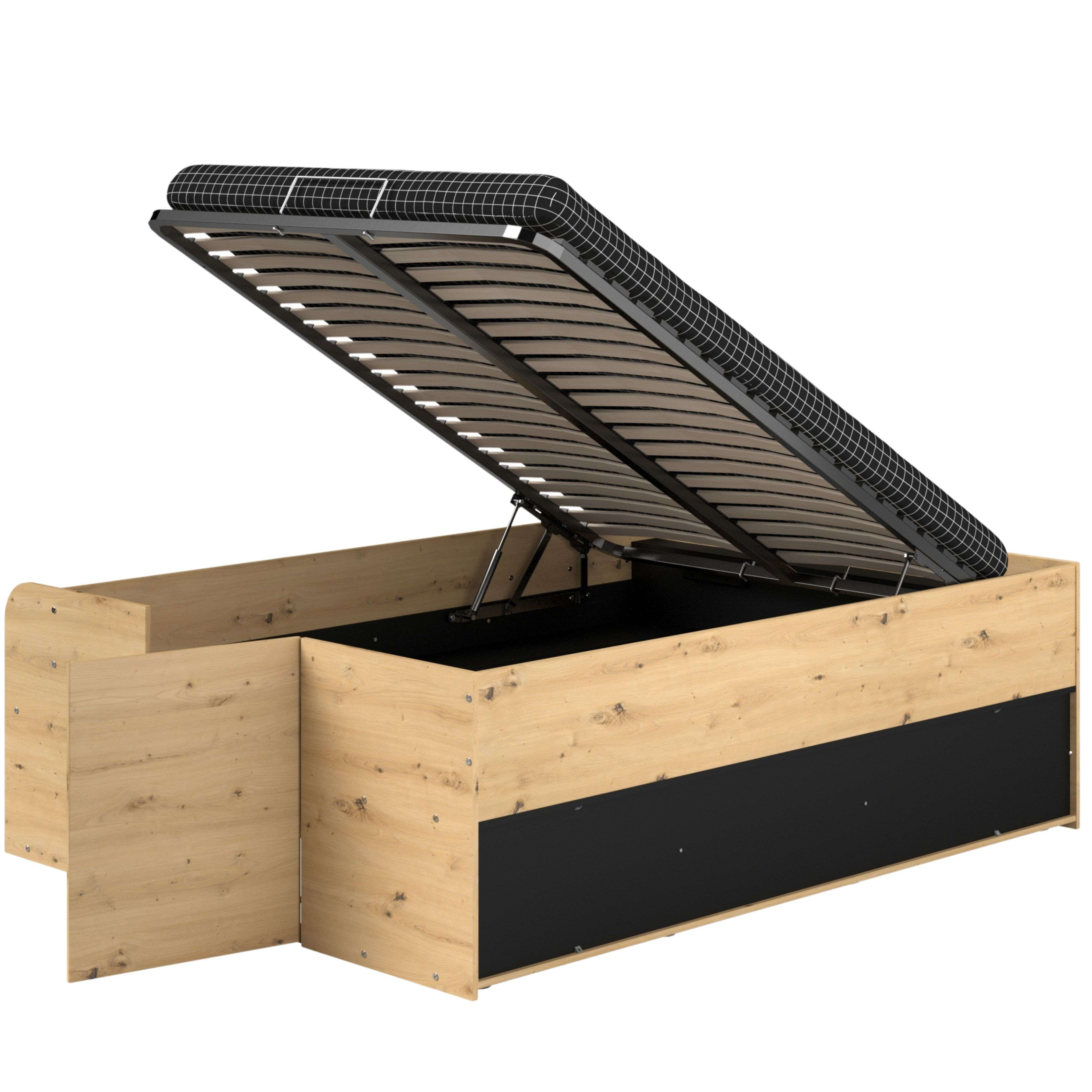 Estructura de cama de madera con almacenamiento abierto y topper negro.
