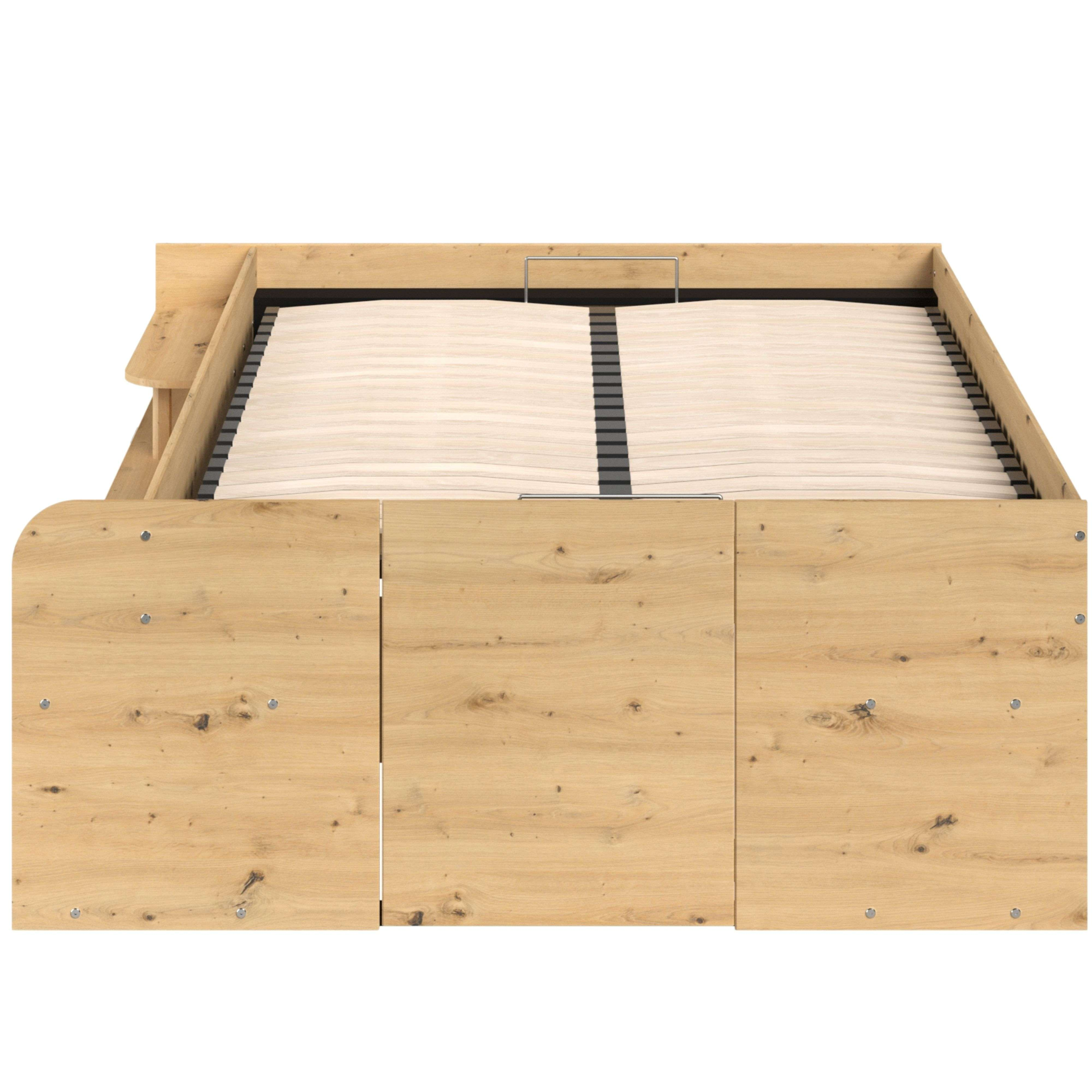 Marco de cama de madera con base de listones y tres frentes de cajón