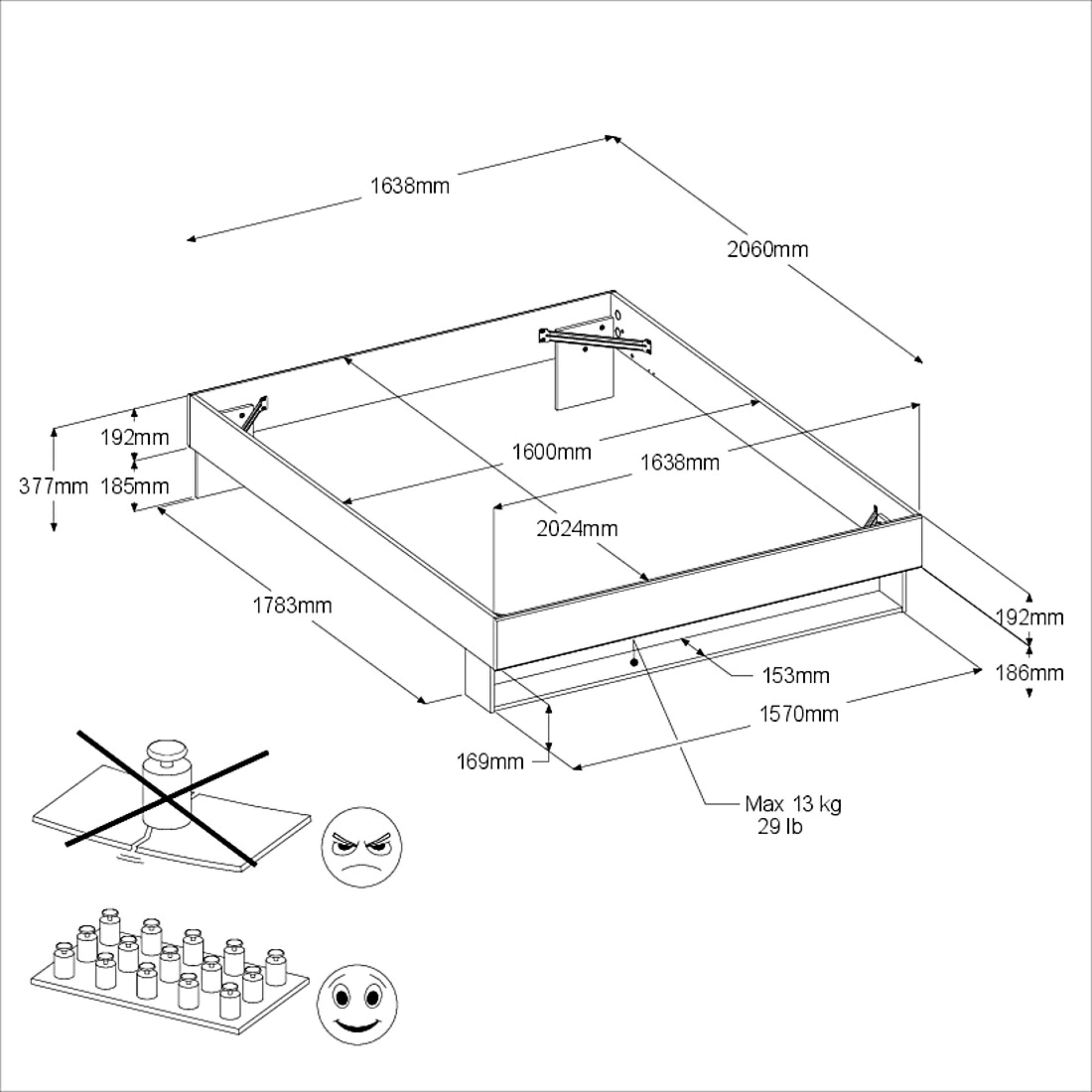 Dibujo técnico de una cama con dimensiones y símbolos de advertencia.