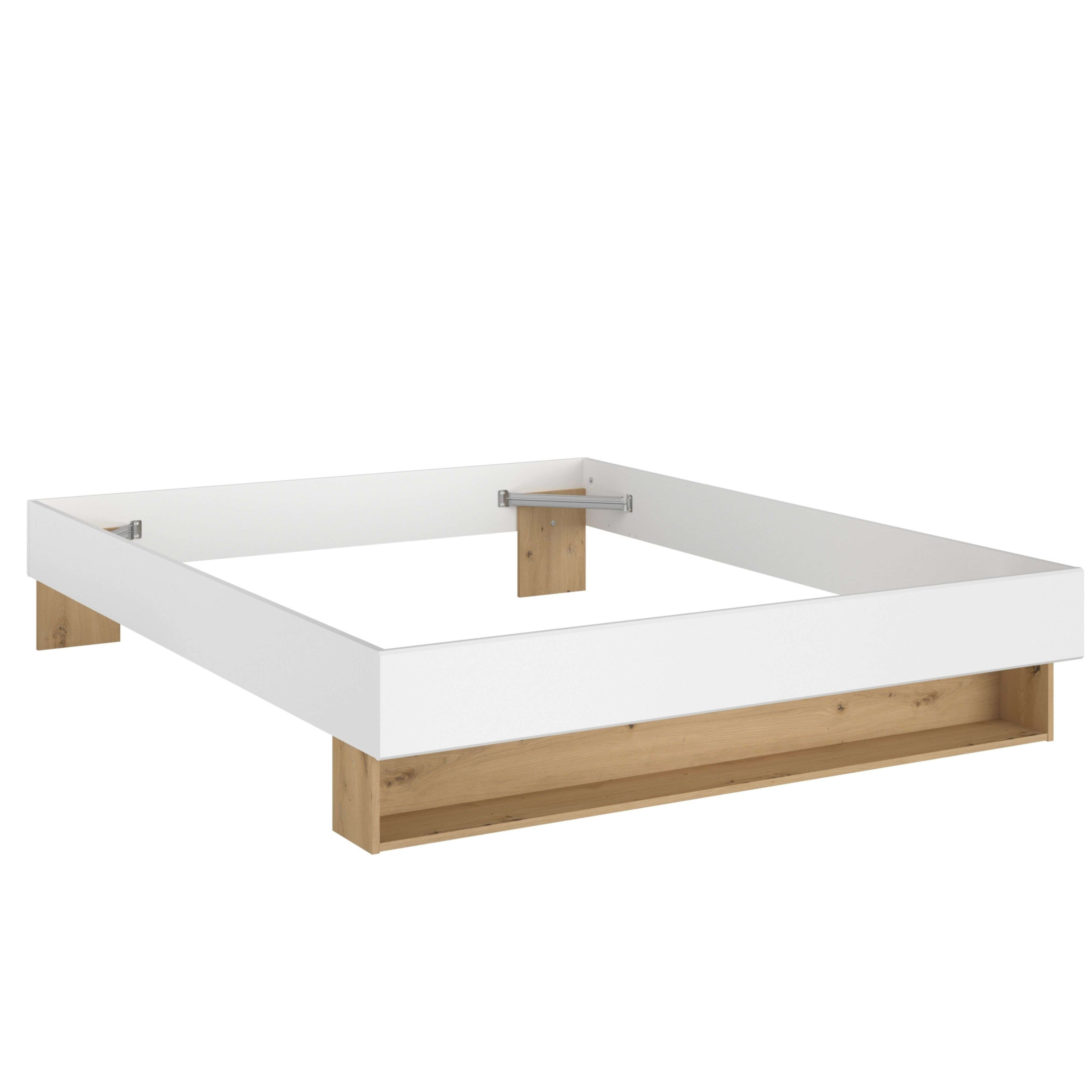 Un marco de cama blanco con soportes de madera y un estante.