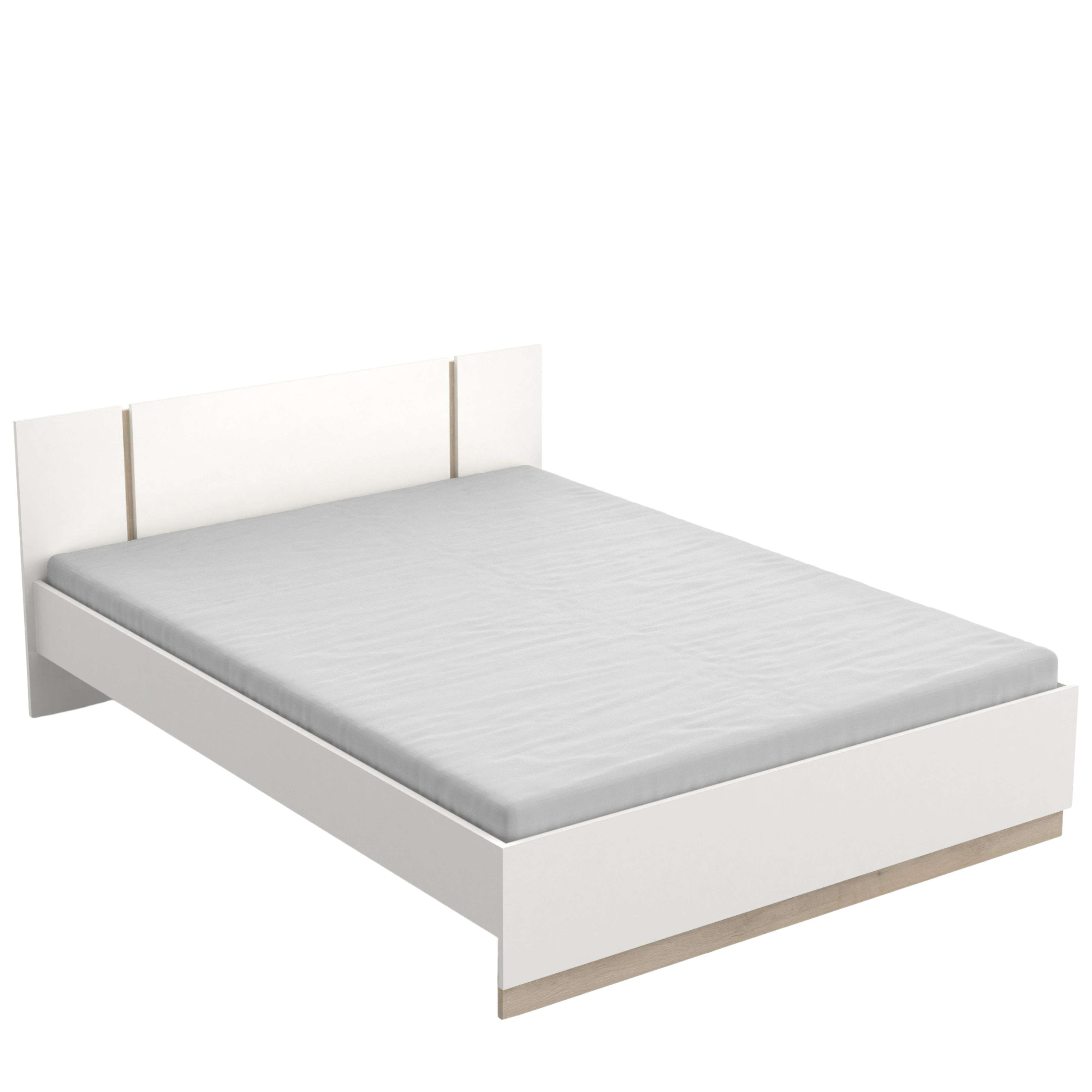 Una cama blanca moderna con colchón gris claro y detalles en madera.