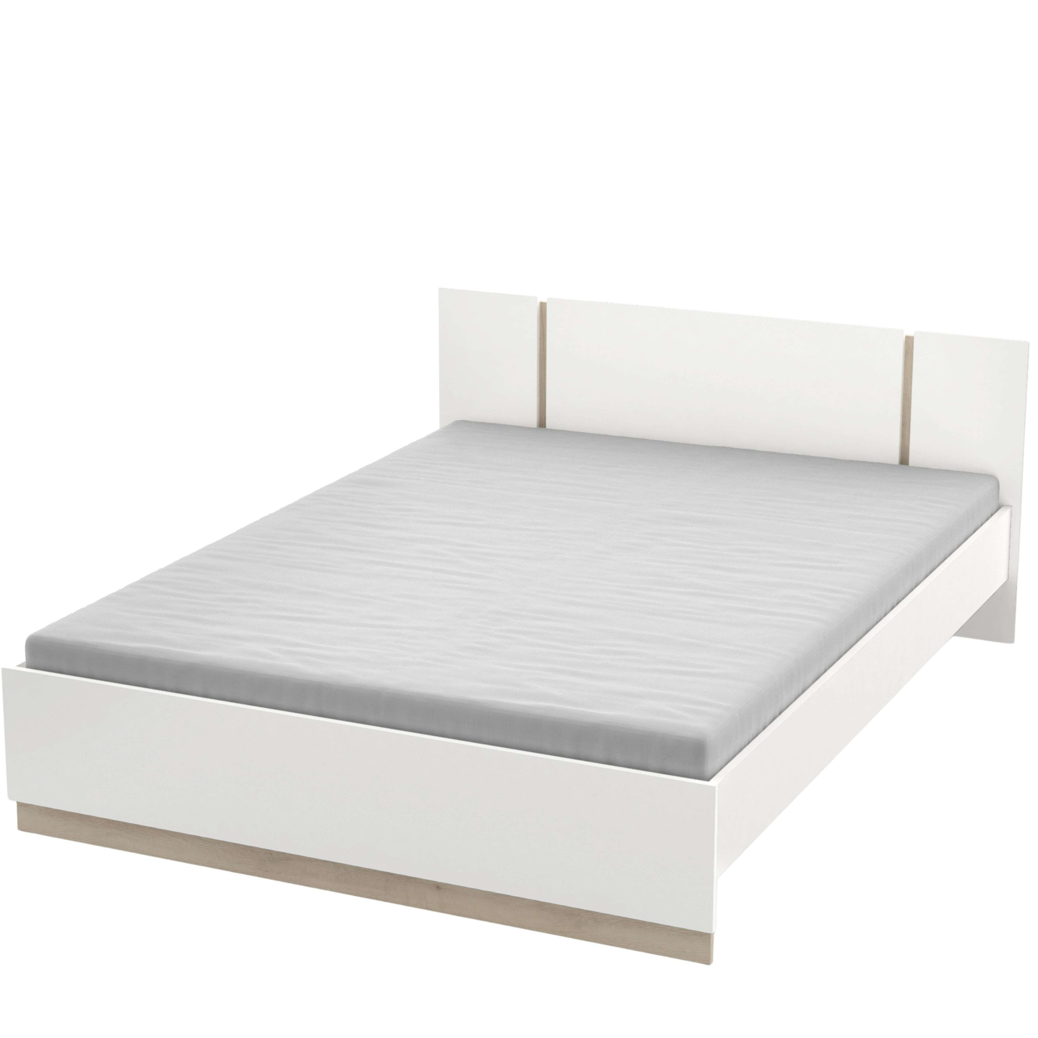 Una cama blanca moderna con colchón gris y base de madera.