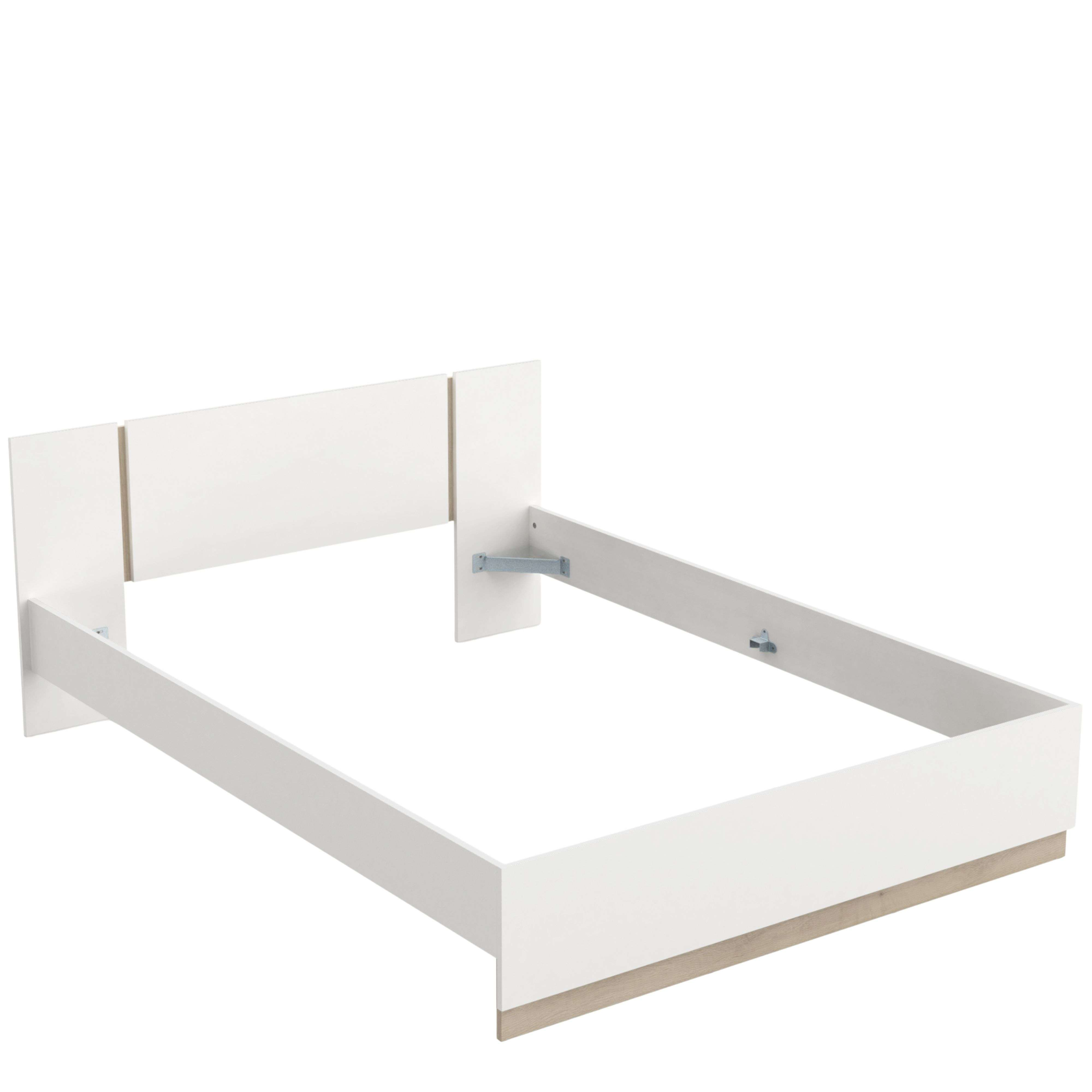 Estructura de cama blanca con detalles en madera, sobre fondo blanco.