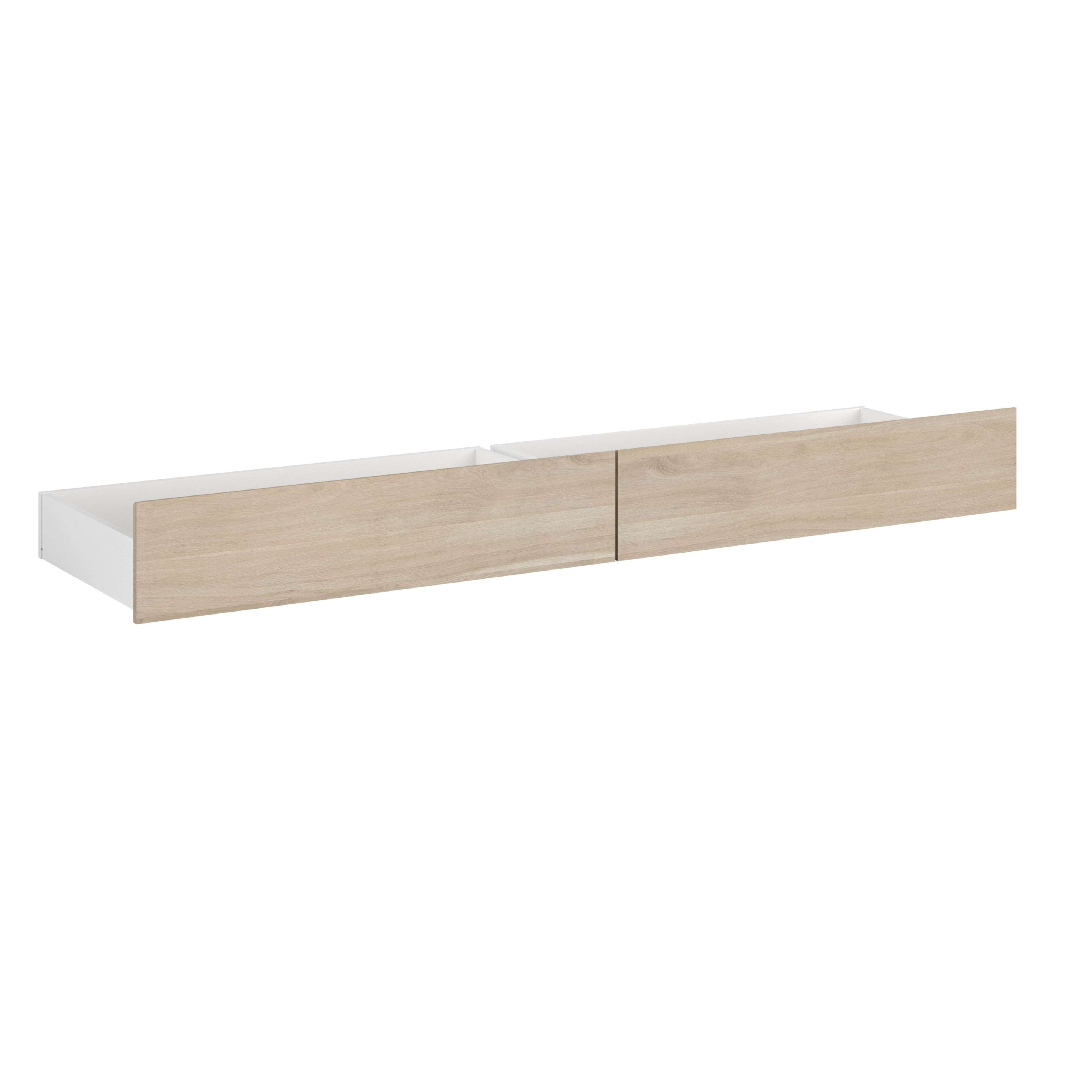 Un mueble blanco largo y estrecho con dos frentes de cajón de madera clara.