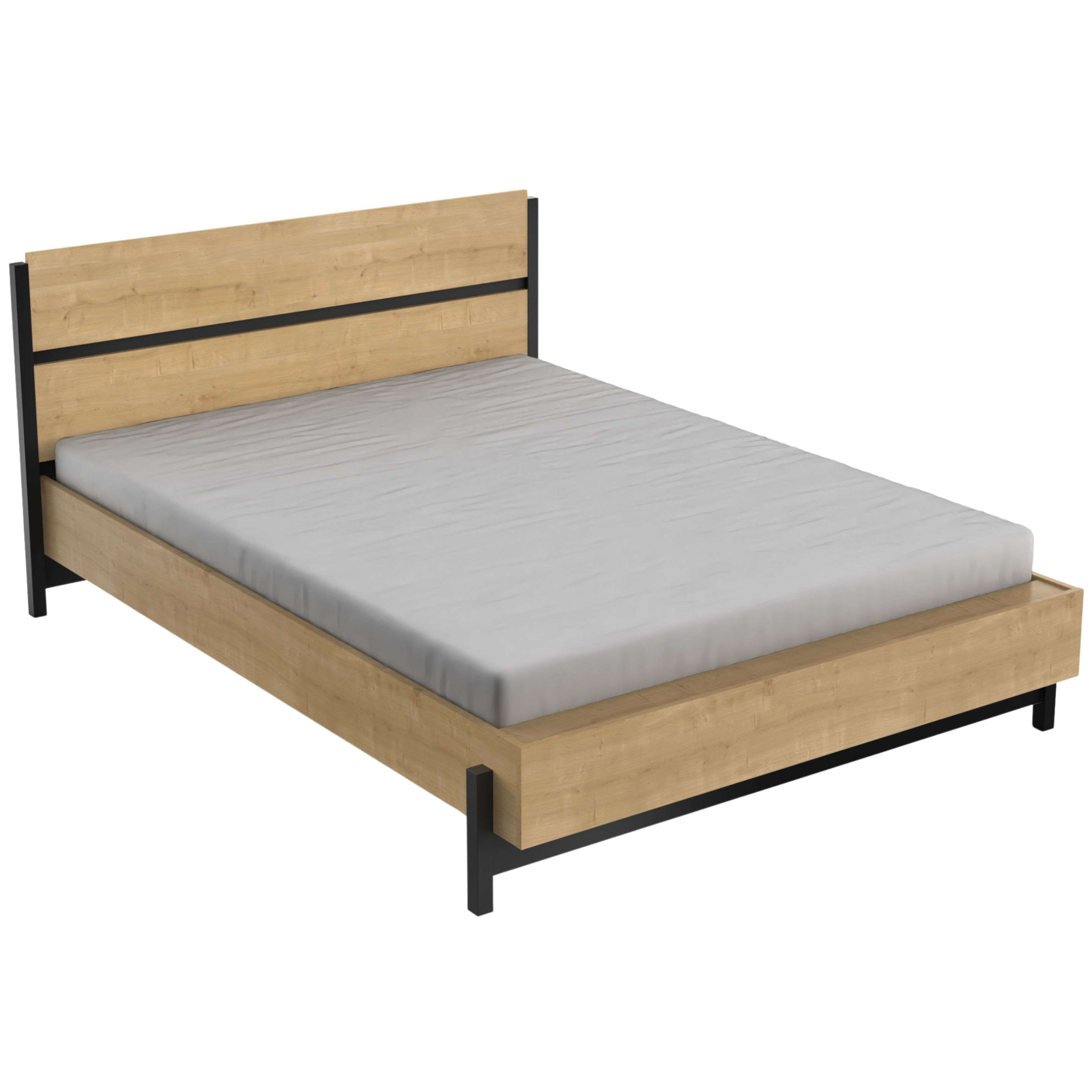 Una estructura de cama de madera con patas de metal negras y un colchón gris.