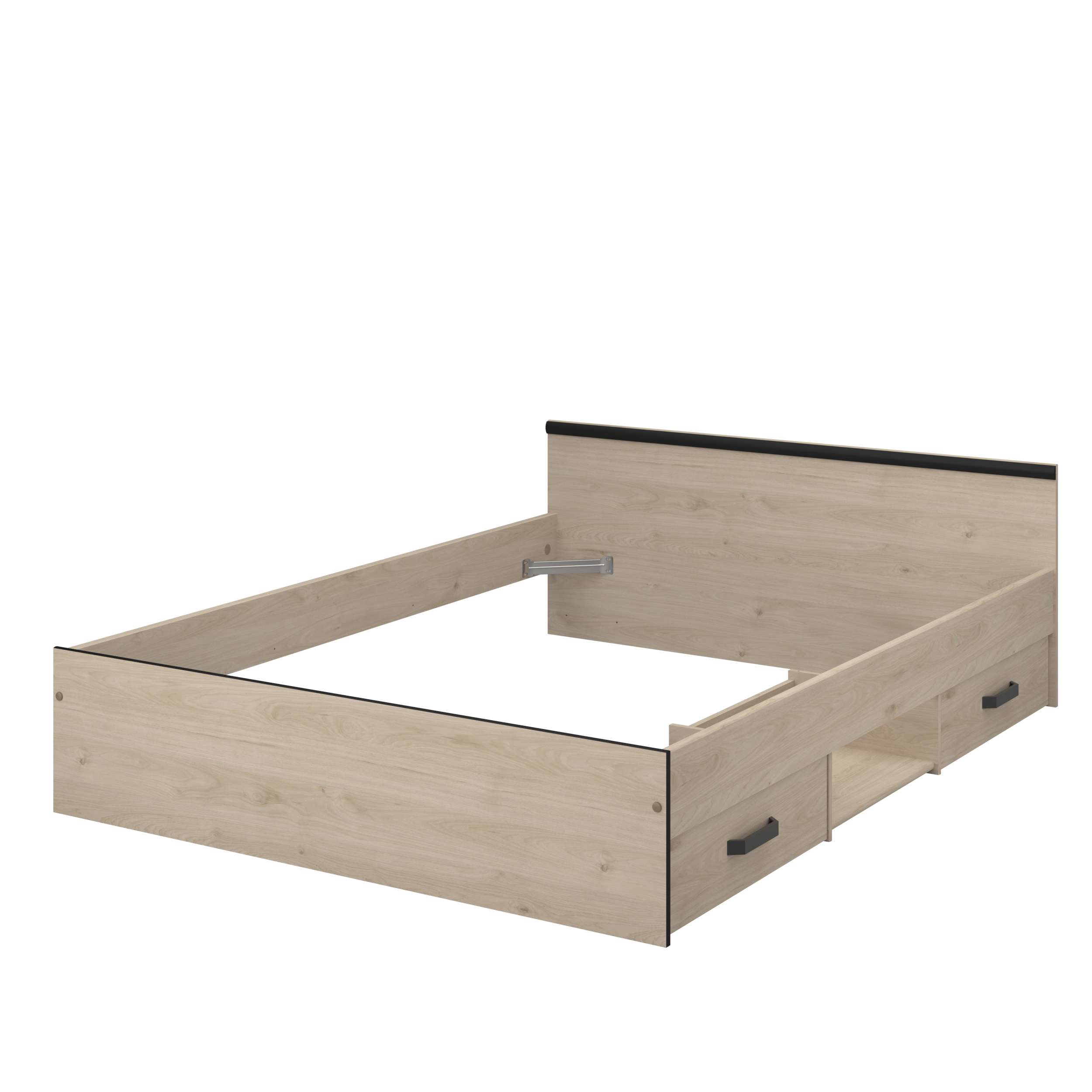 Estructura de cama de madera clara con dos cajones y cabecero negro.