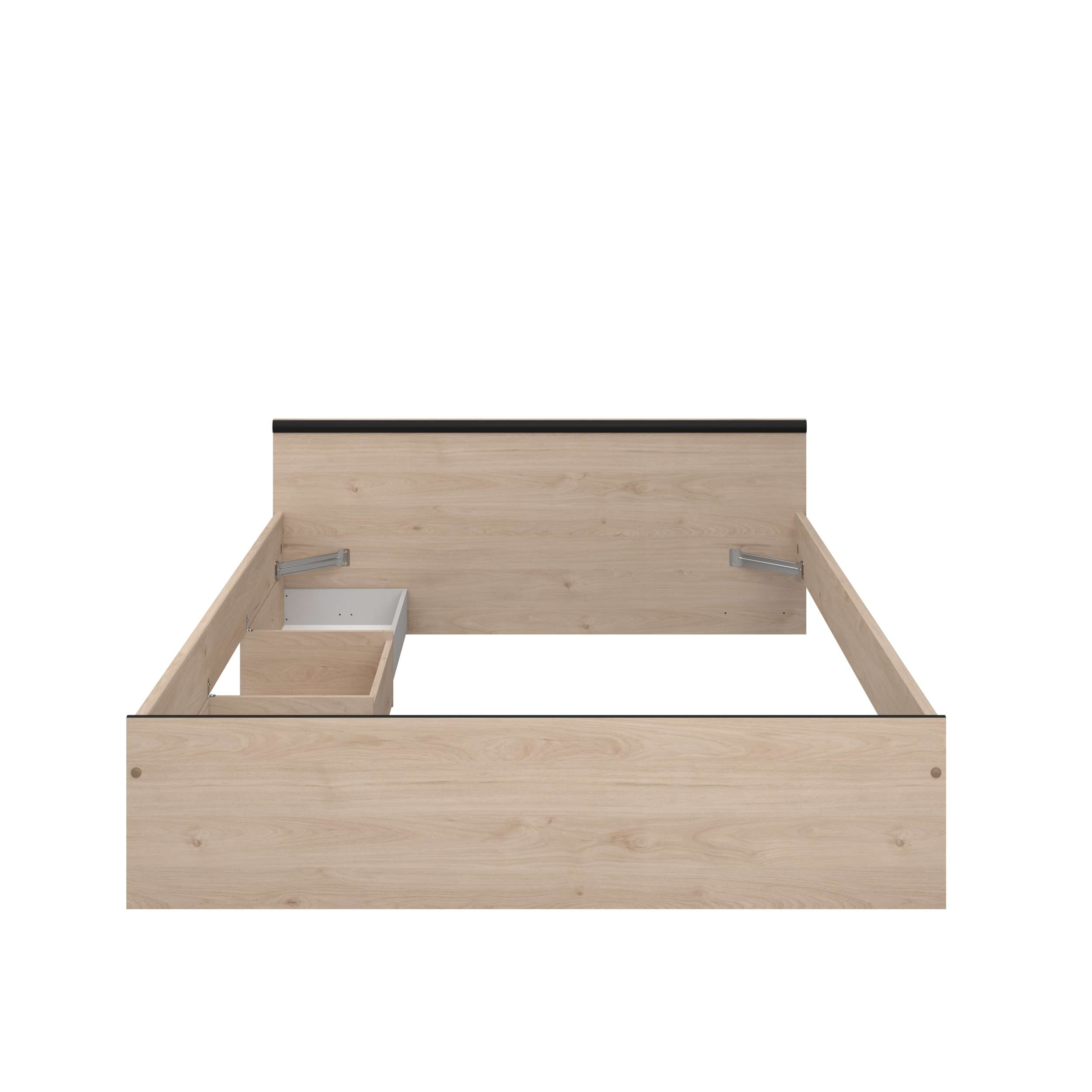 Una estructura de cama de madera clara con cabecero y cajón negros.
