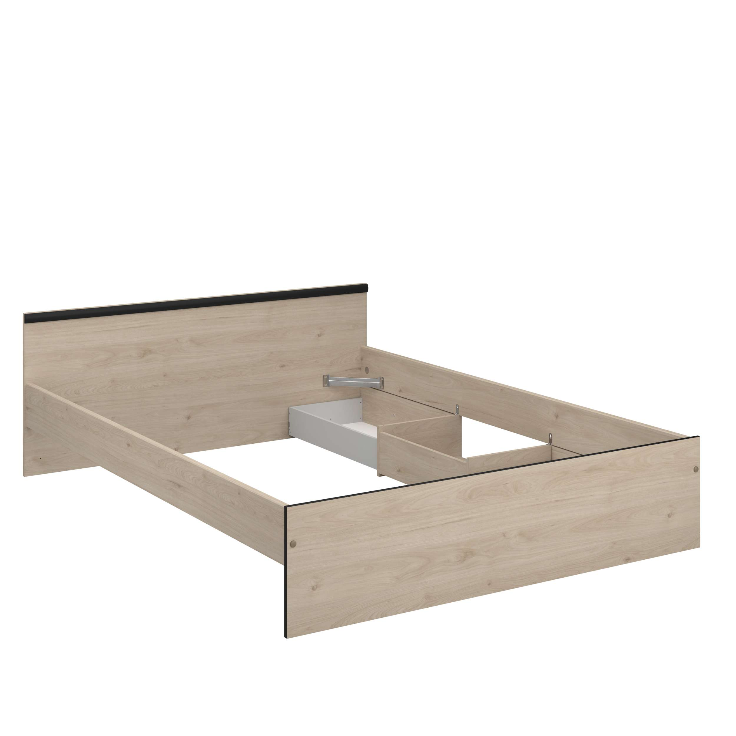 Una estructura de cama de madera clara con ribete negro y compartimentos de almacenamiento.
