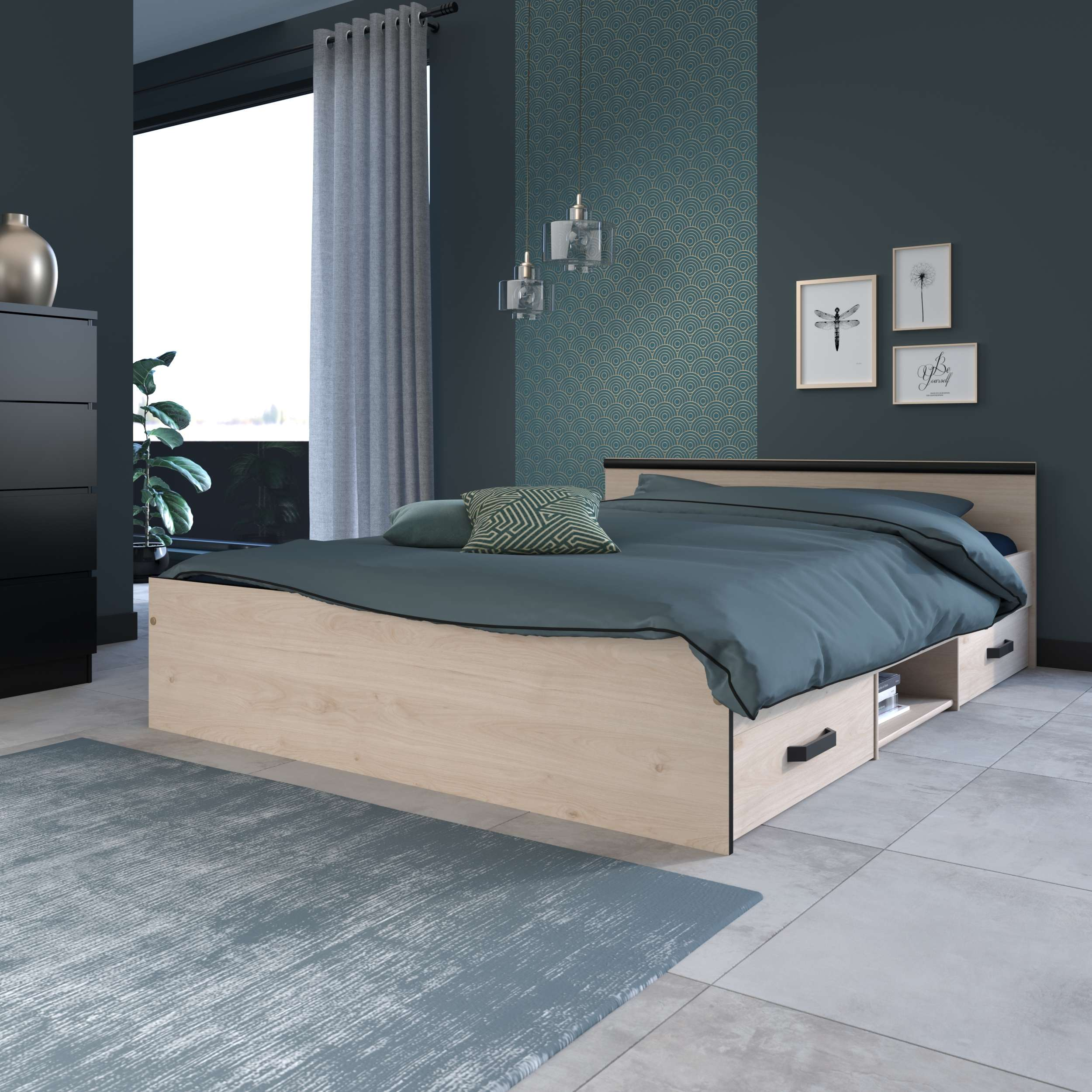 Un dormitorio moderno con cama de madera, ropa de cama azul, alfombra gris y decoración.