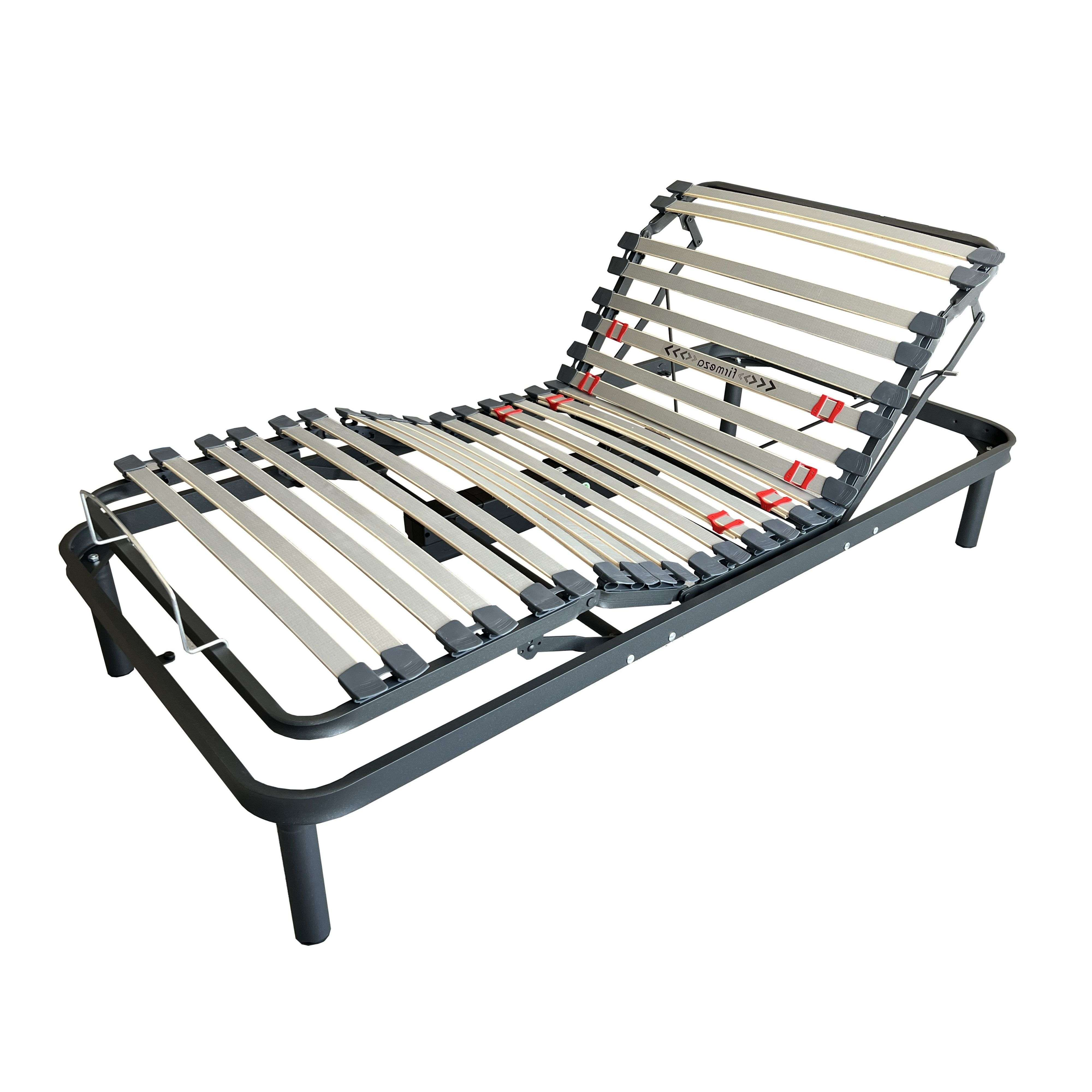 Una base de cama ajustable con marco de metal, listones de madera y patas blancas.