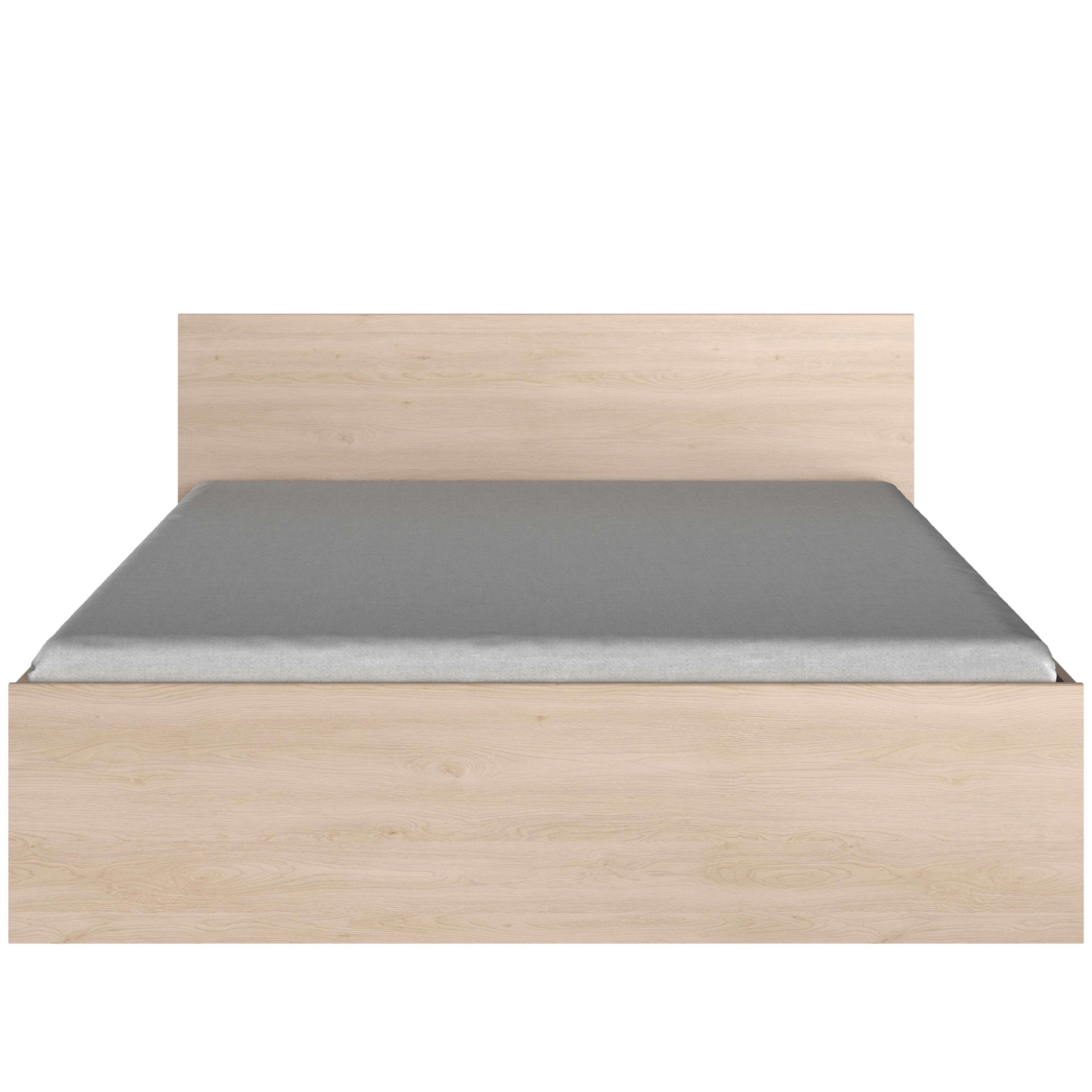 Una cama doble con marco de madera clara y colchón gris.