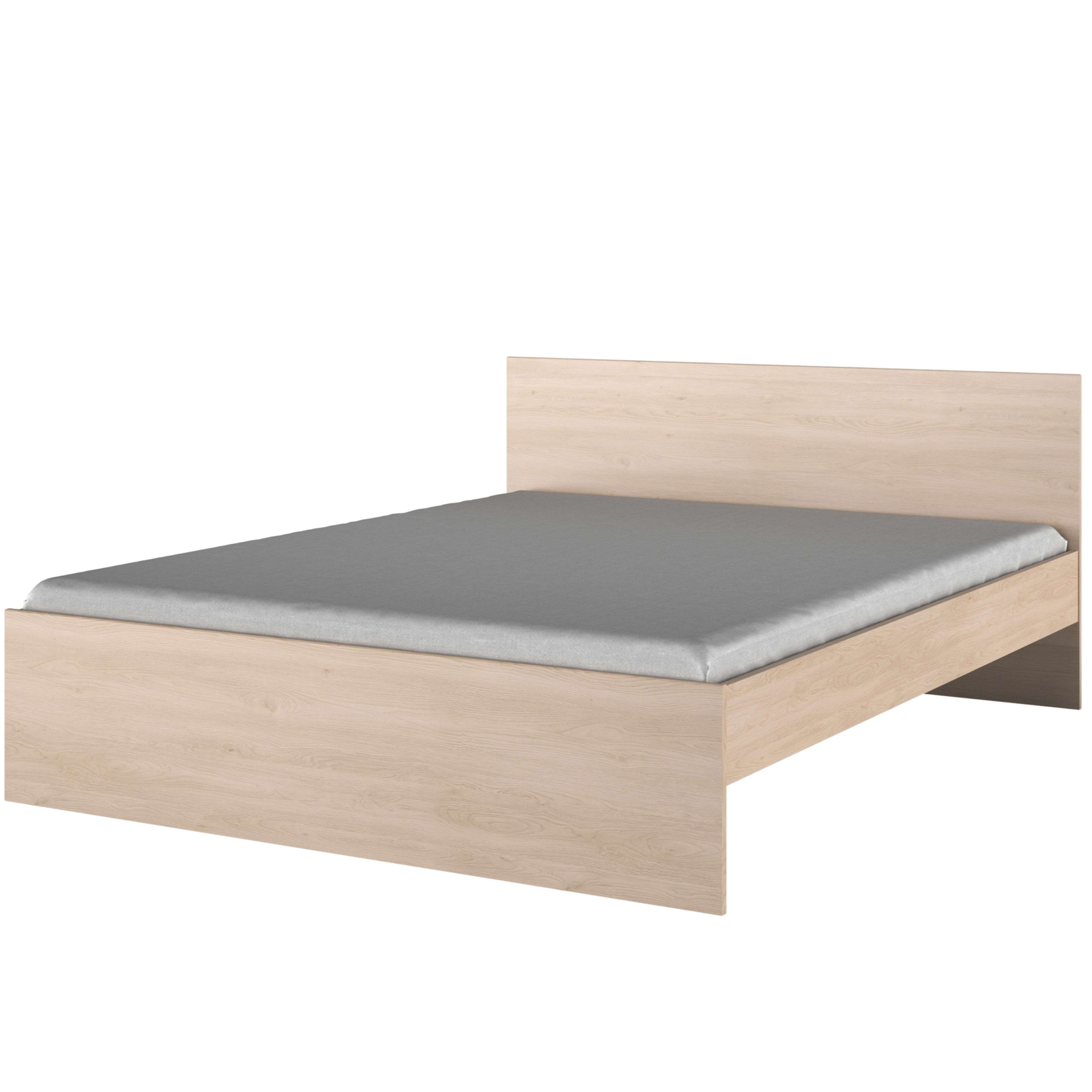 Una estructura de cama de madera clara con un colchón gris y un cabecero.