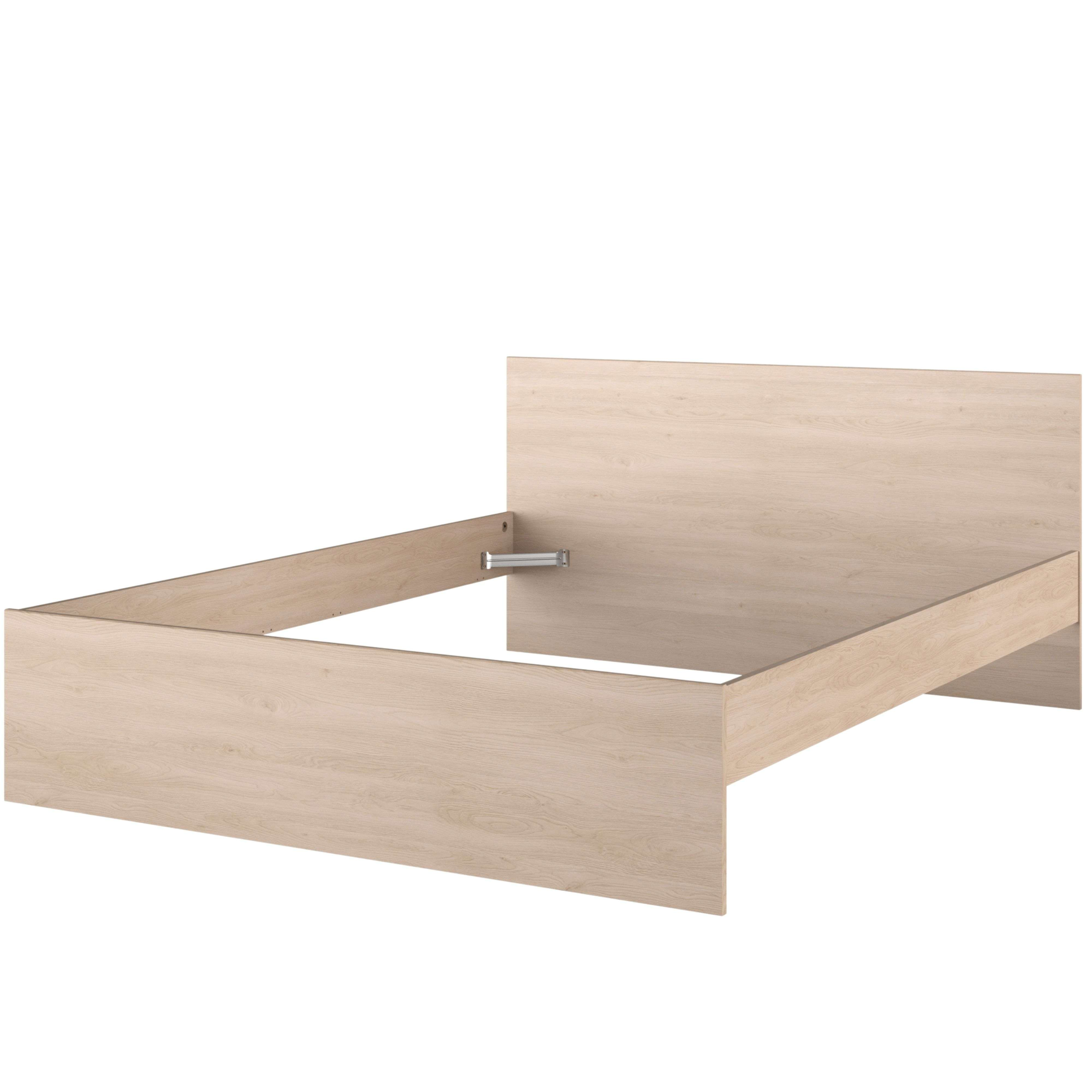 Un somier de madera clara con cabecero y barandillas laterales.