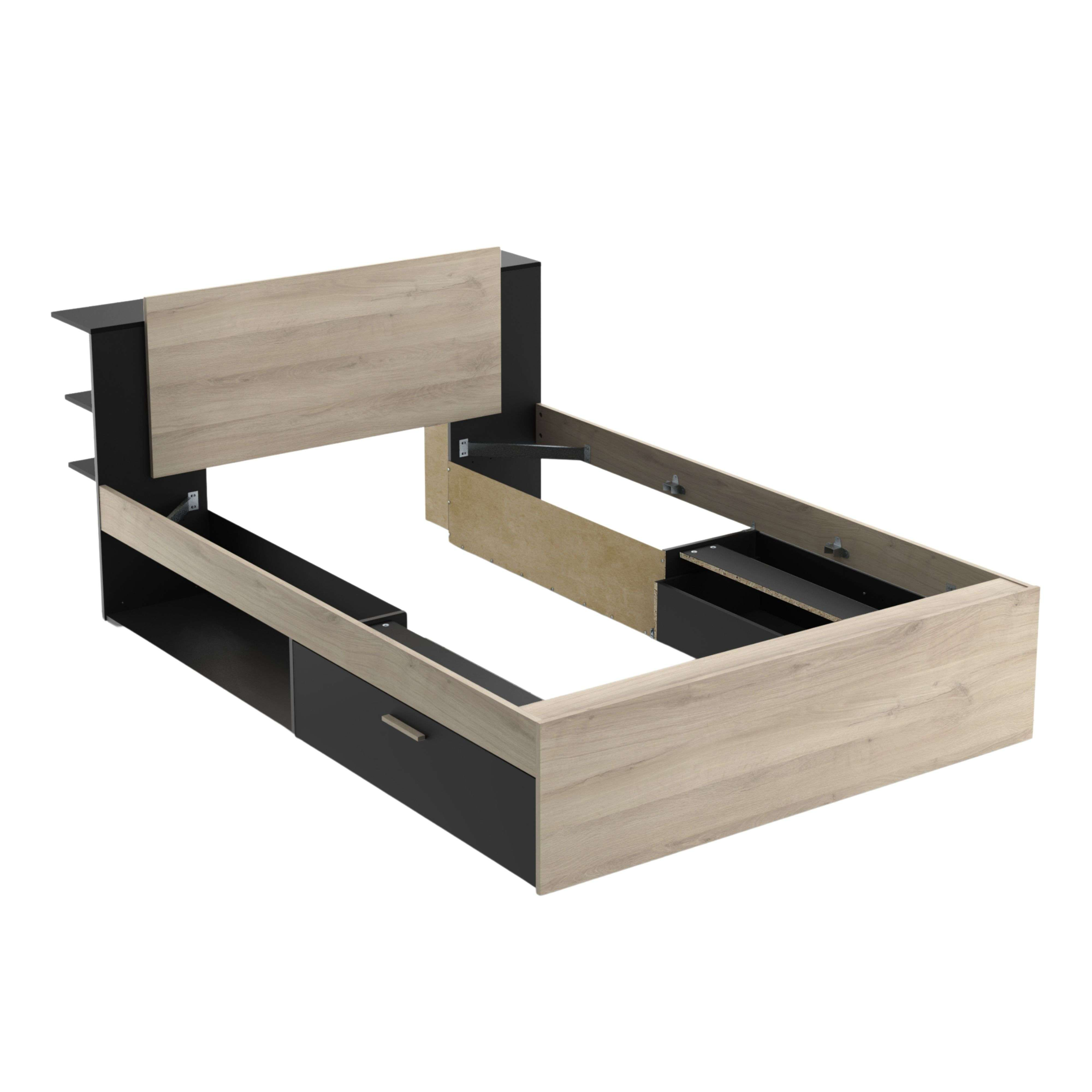 Estructura de cama con acabado de madera y cajones negros, con estantes.