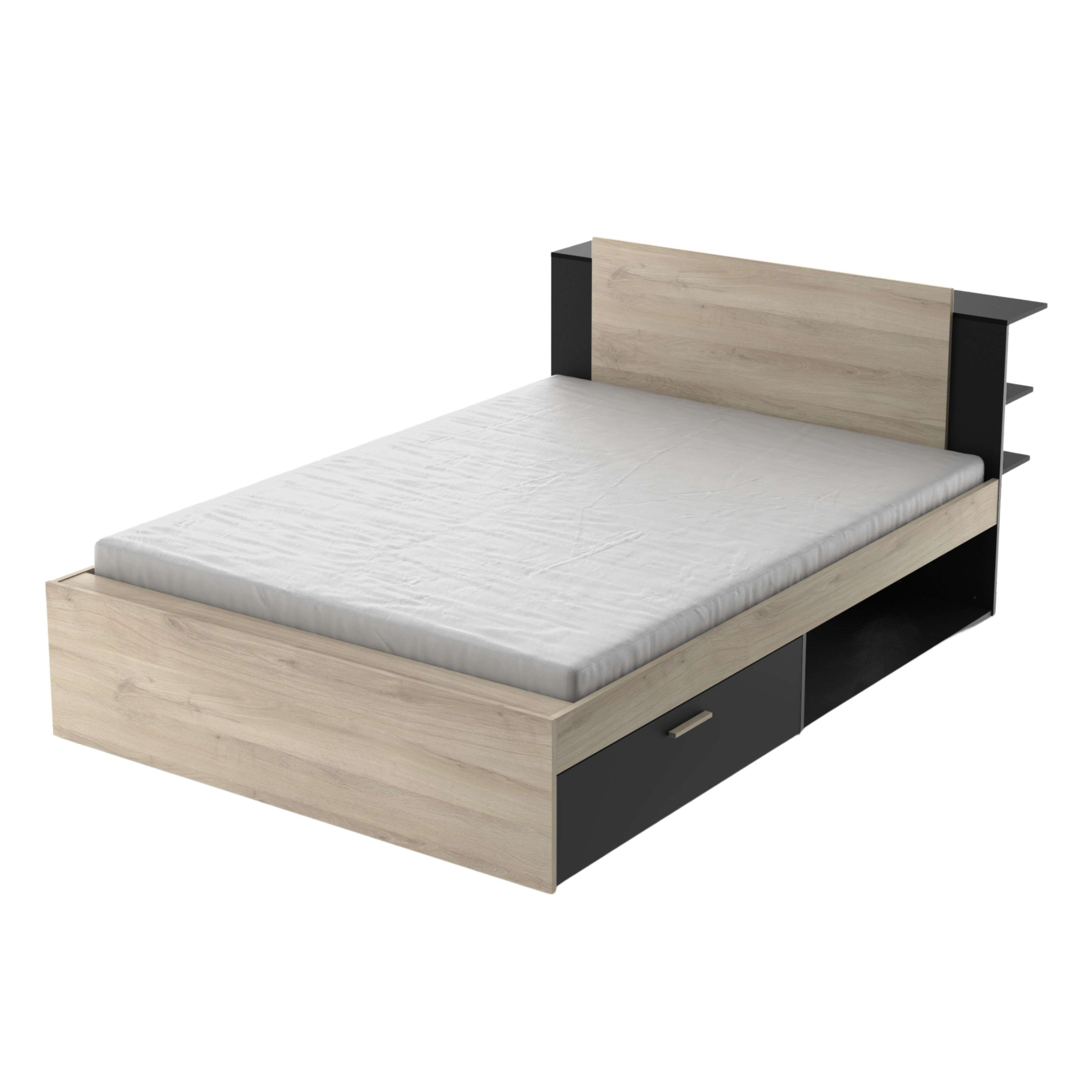 Una cama doble con laterales de madera clara, cabecero negro y cajones.