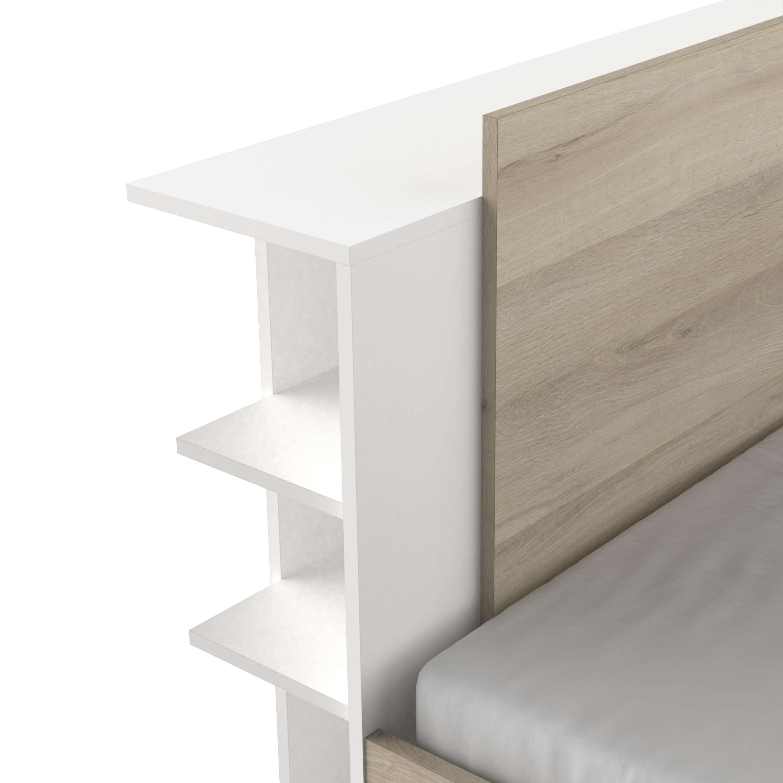 Una estantería blanca de noche con detalles de madera y una cama con ropa de cama gris.