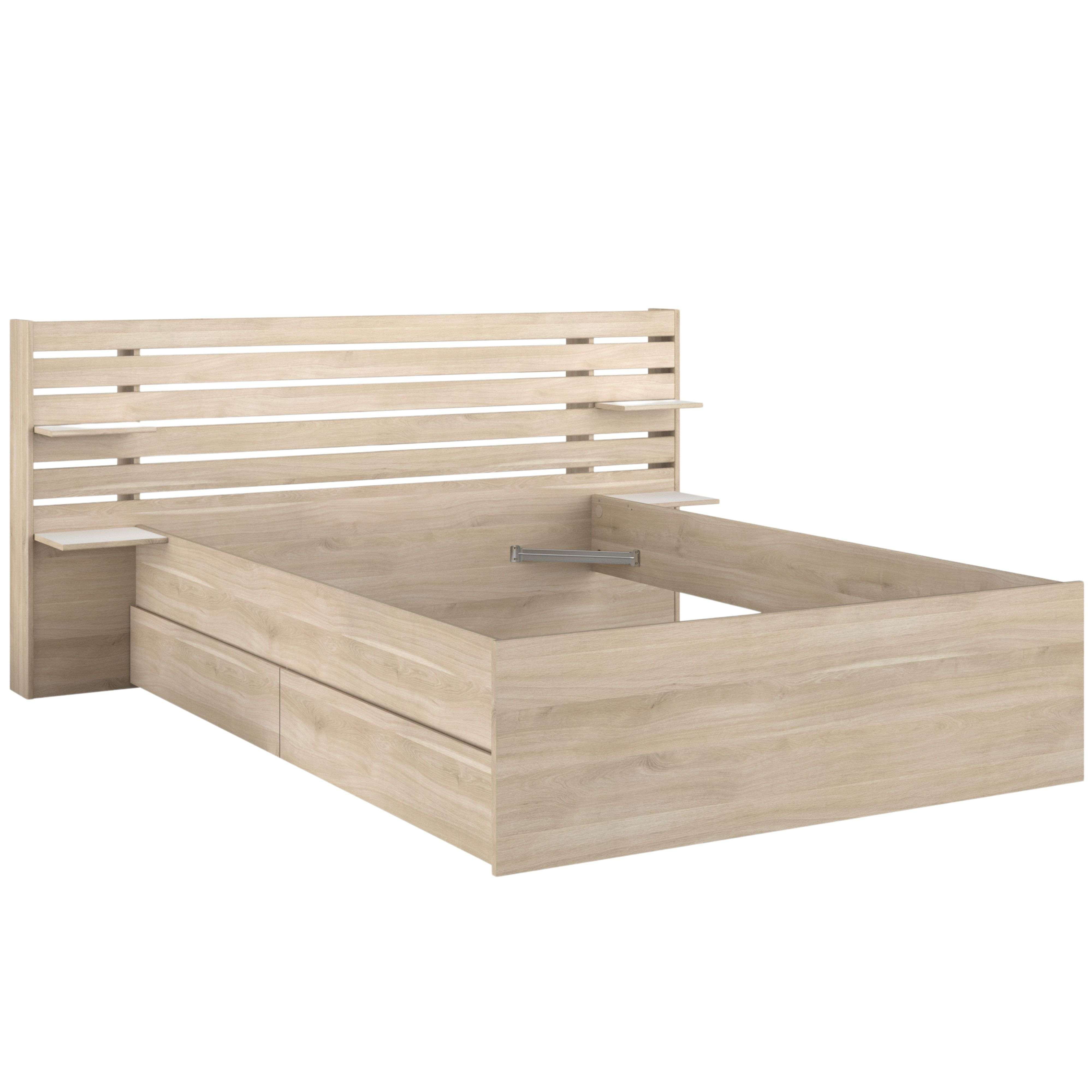 Estructura de cama de madera clara con cabecero de lamas y mesitas de noche integradas. Cajones debajo.