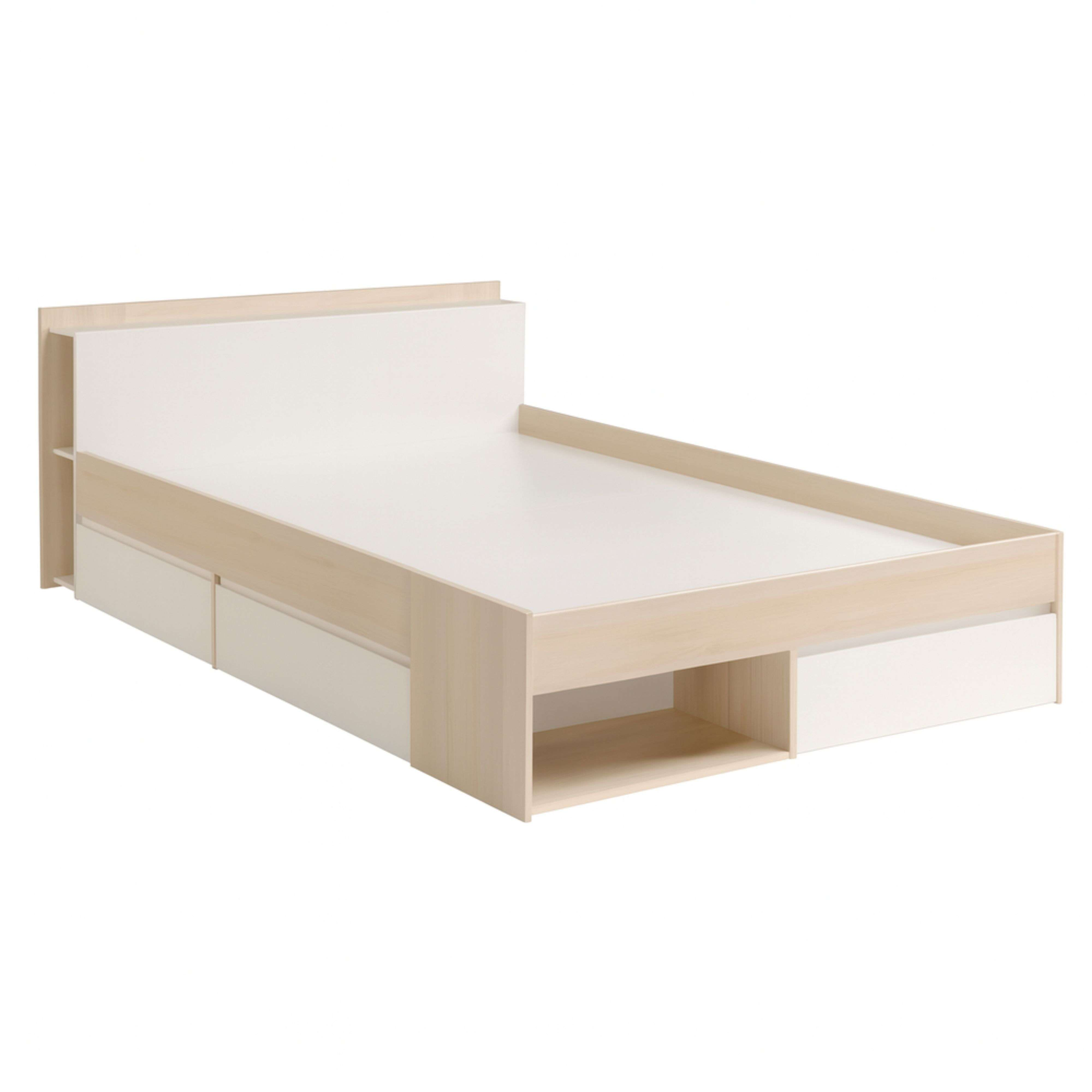 Un marco de cama blanco con detalles de madera, con cajones y estantes integrados.