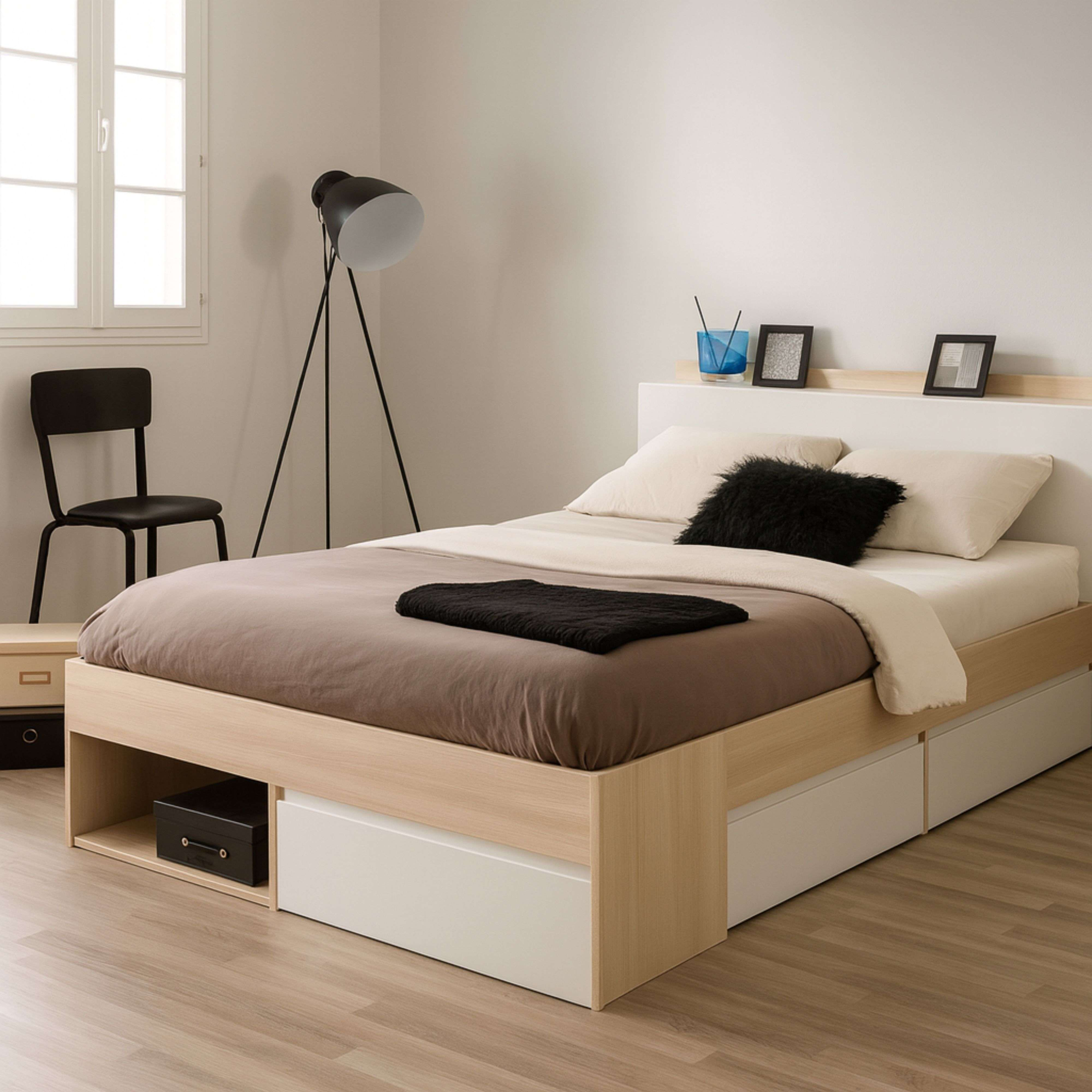 Una cama de madera con ropa de cama marrón, una almohada negra y dos blancas.