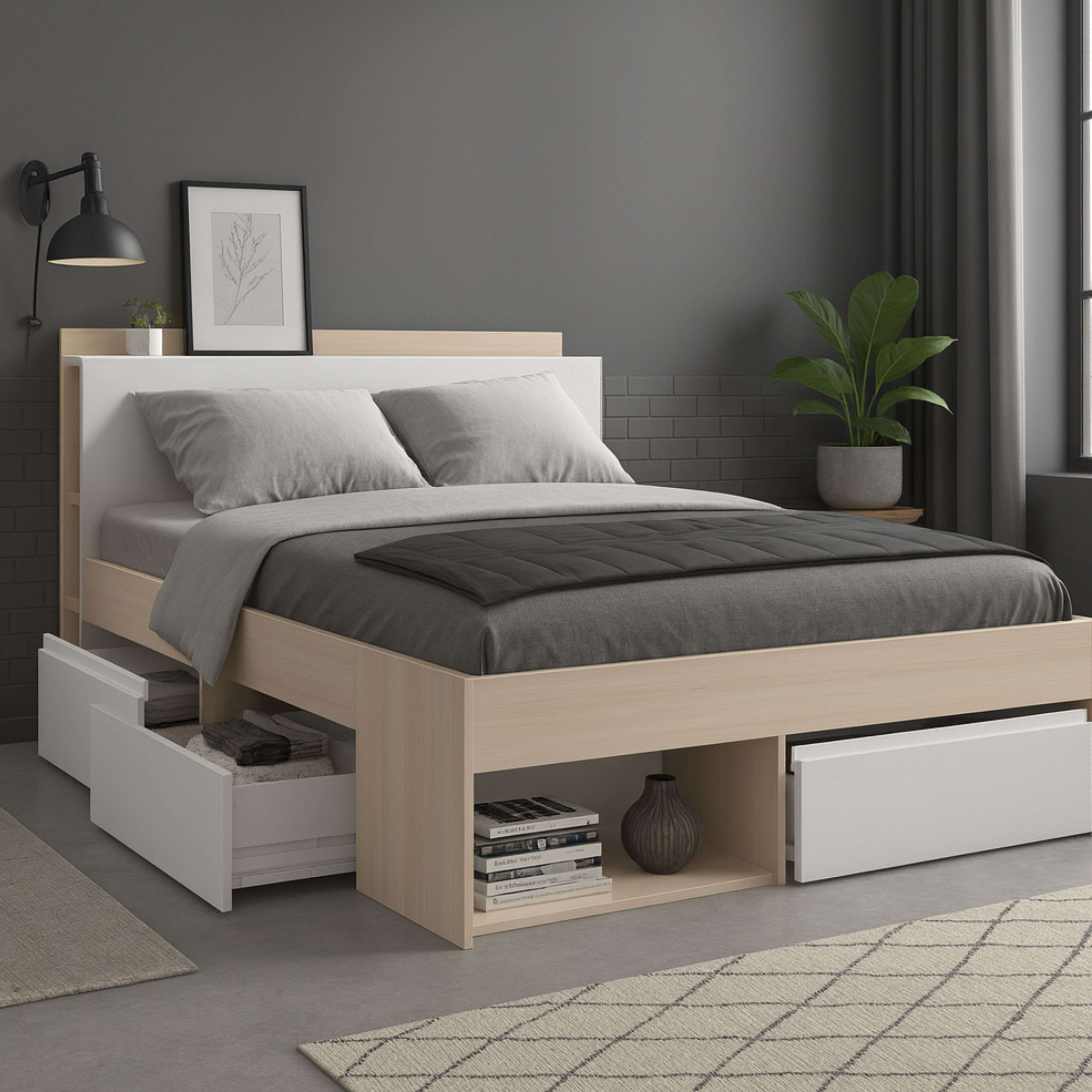 Cama moderna con cajones, almohadas, manta, lámpara de pared y planta.
