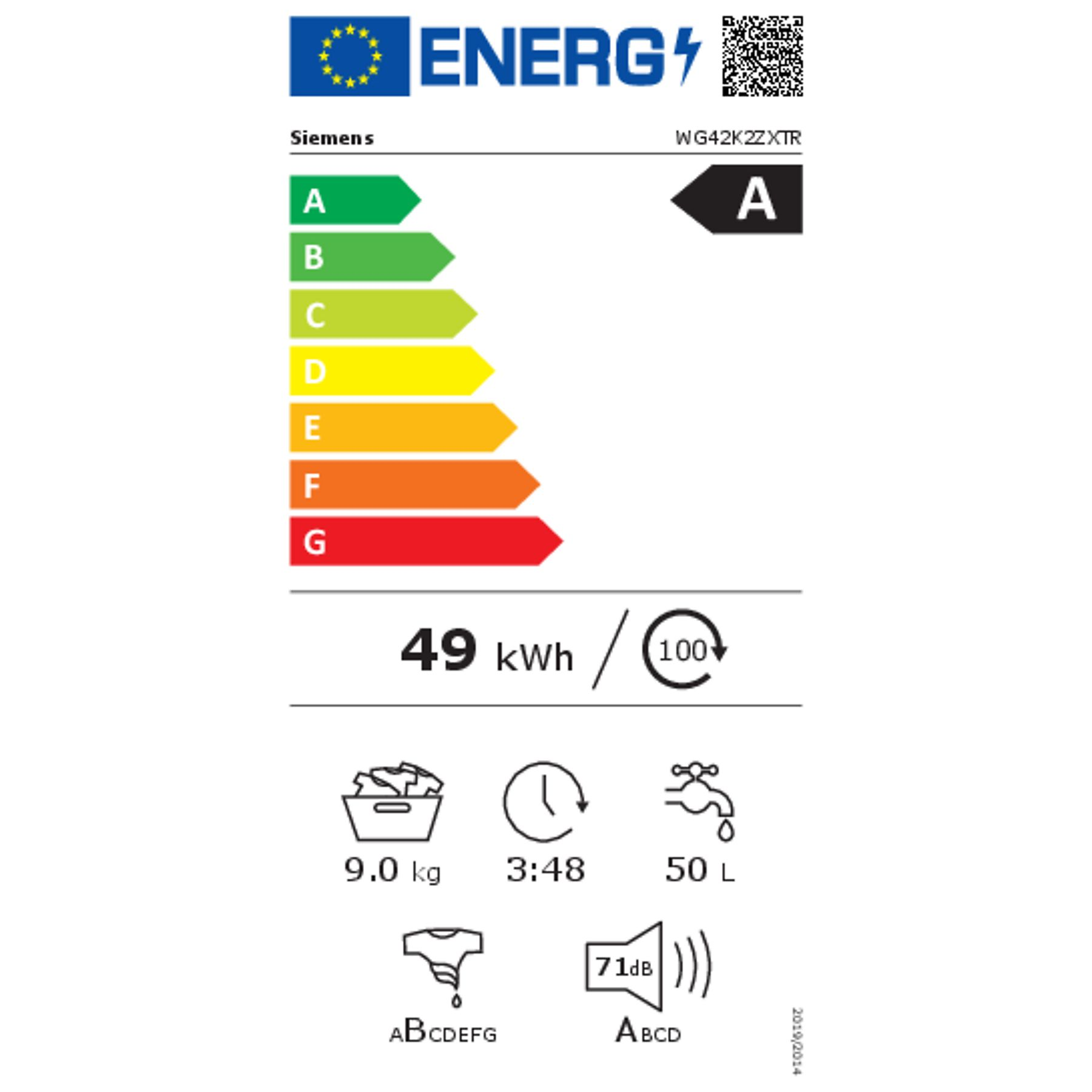Siemens enerji etiketi A, 49 kWh/100 döngü, 9kg, 3:48s, 50L, 71dB