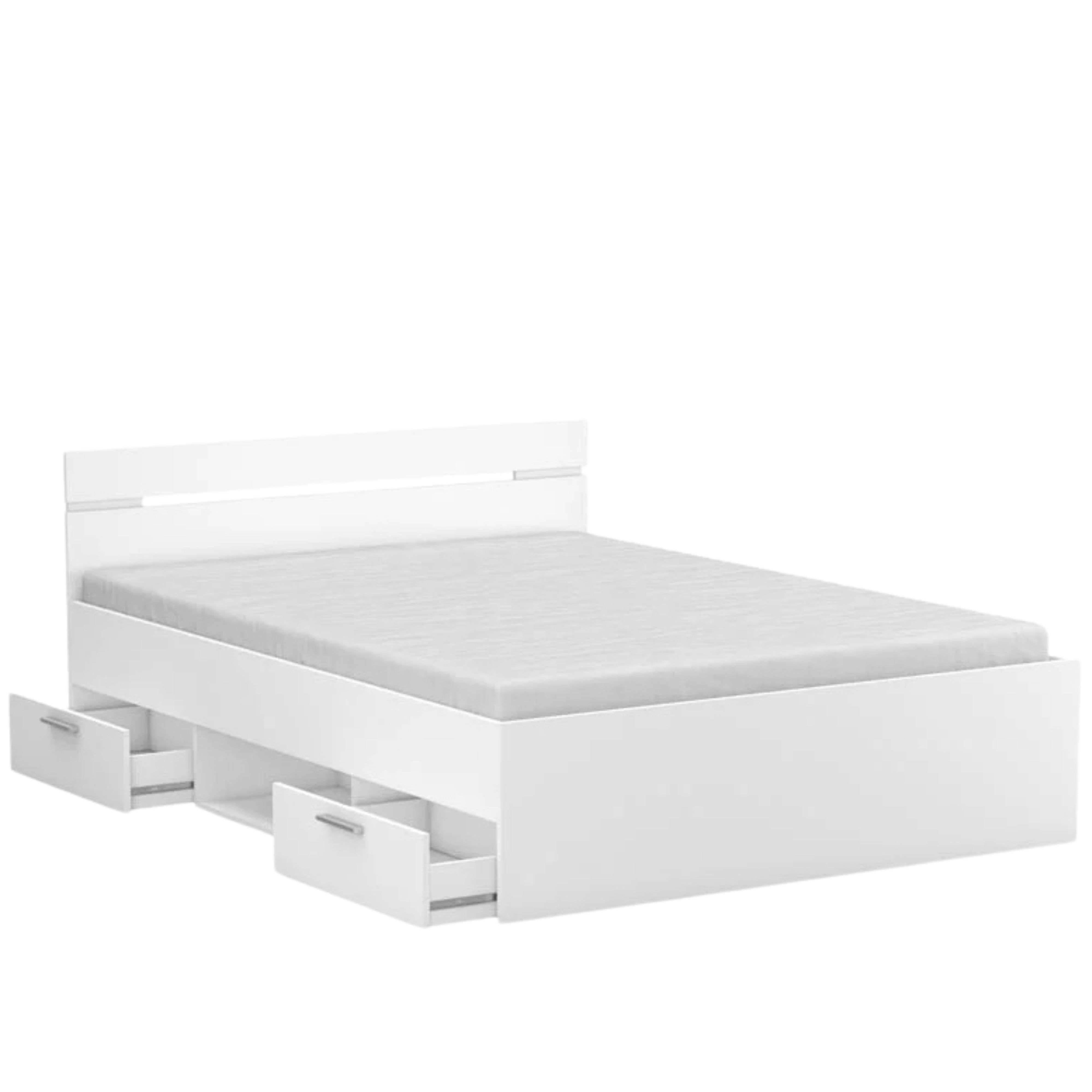 Una cama blanca con colchón y cajones abiertos.