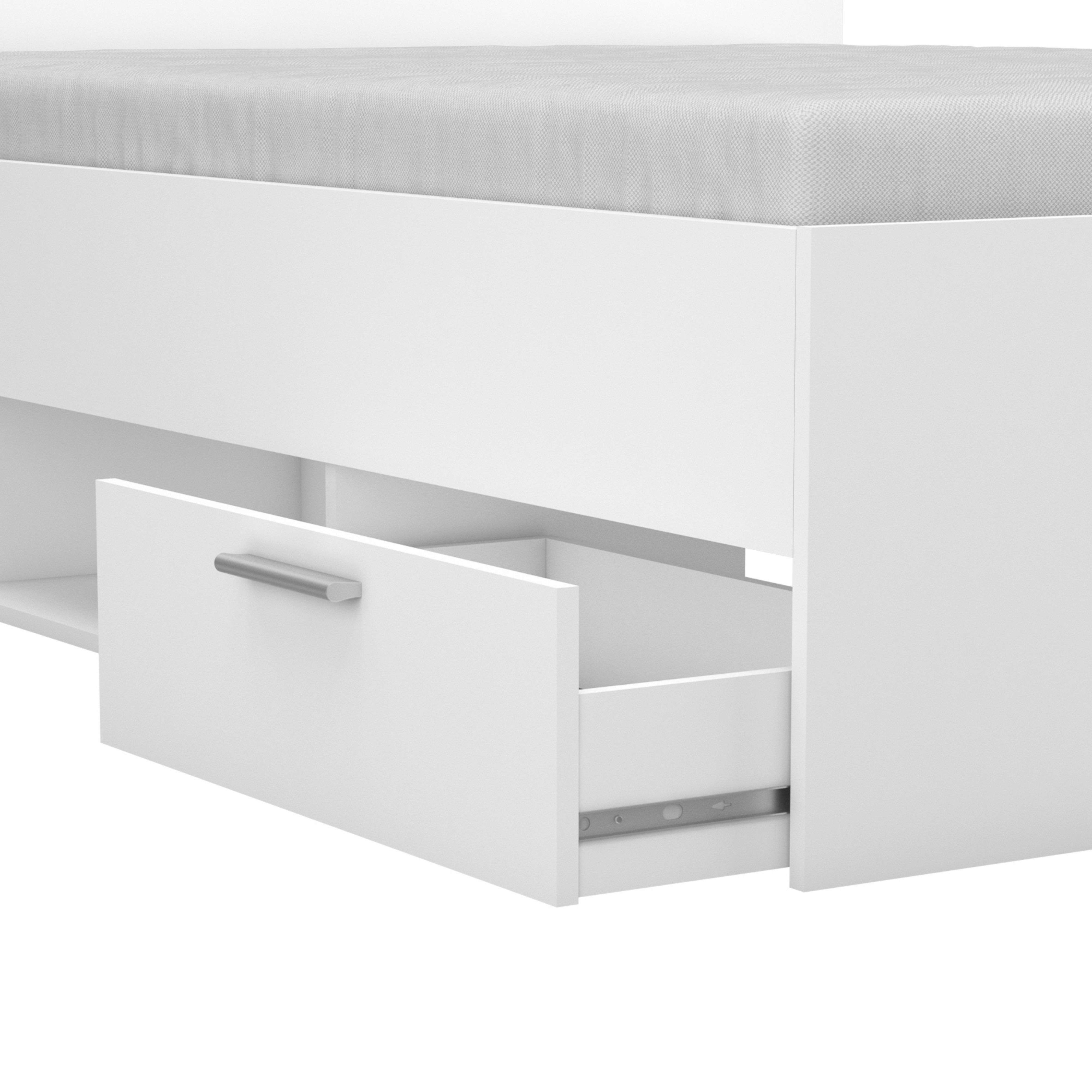 Una cama blanca con un cajón abierto y un tirador gris.