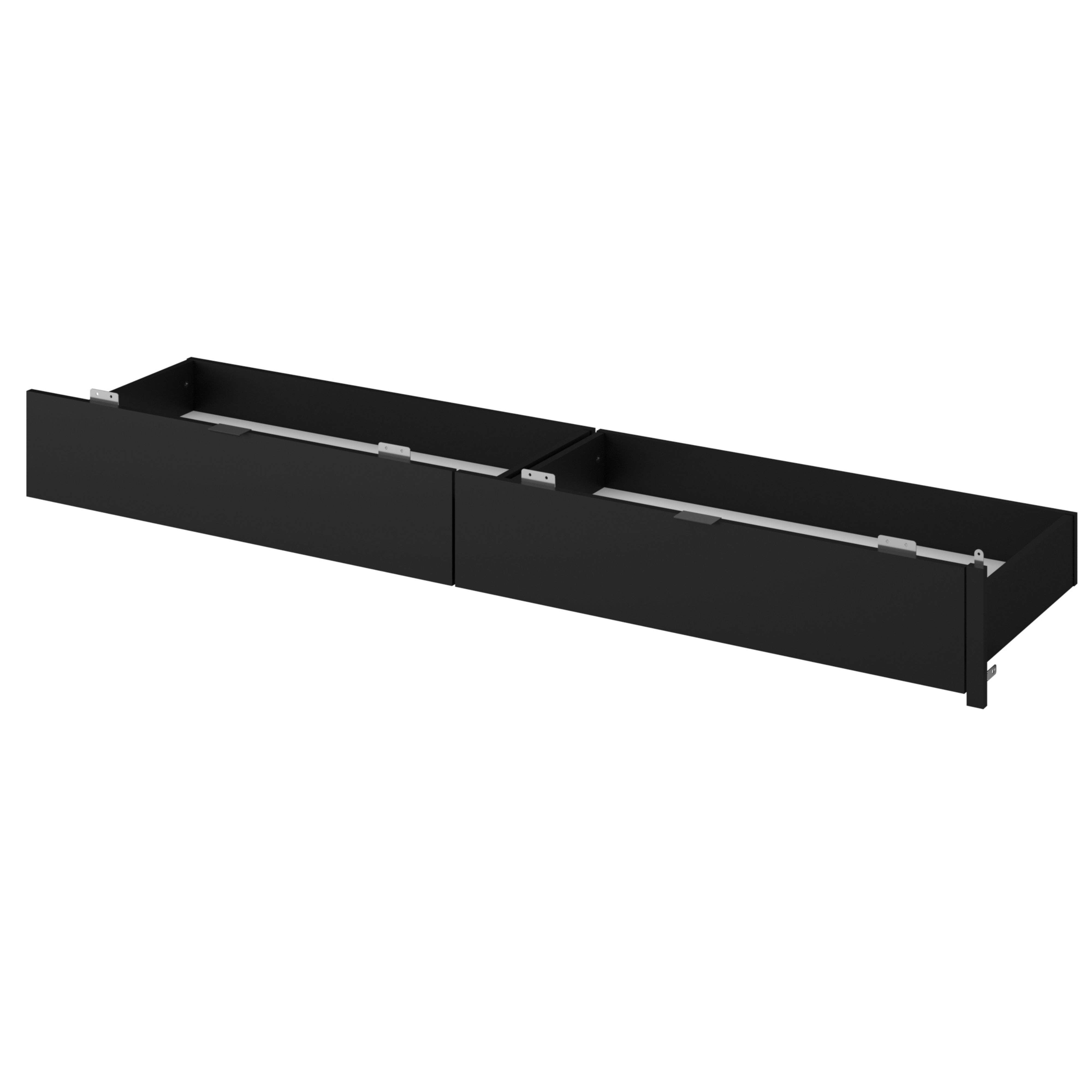 Un mueble de cajón largo, estrecho y negro con guías y tiradores metálicos.