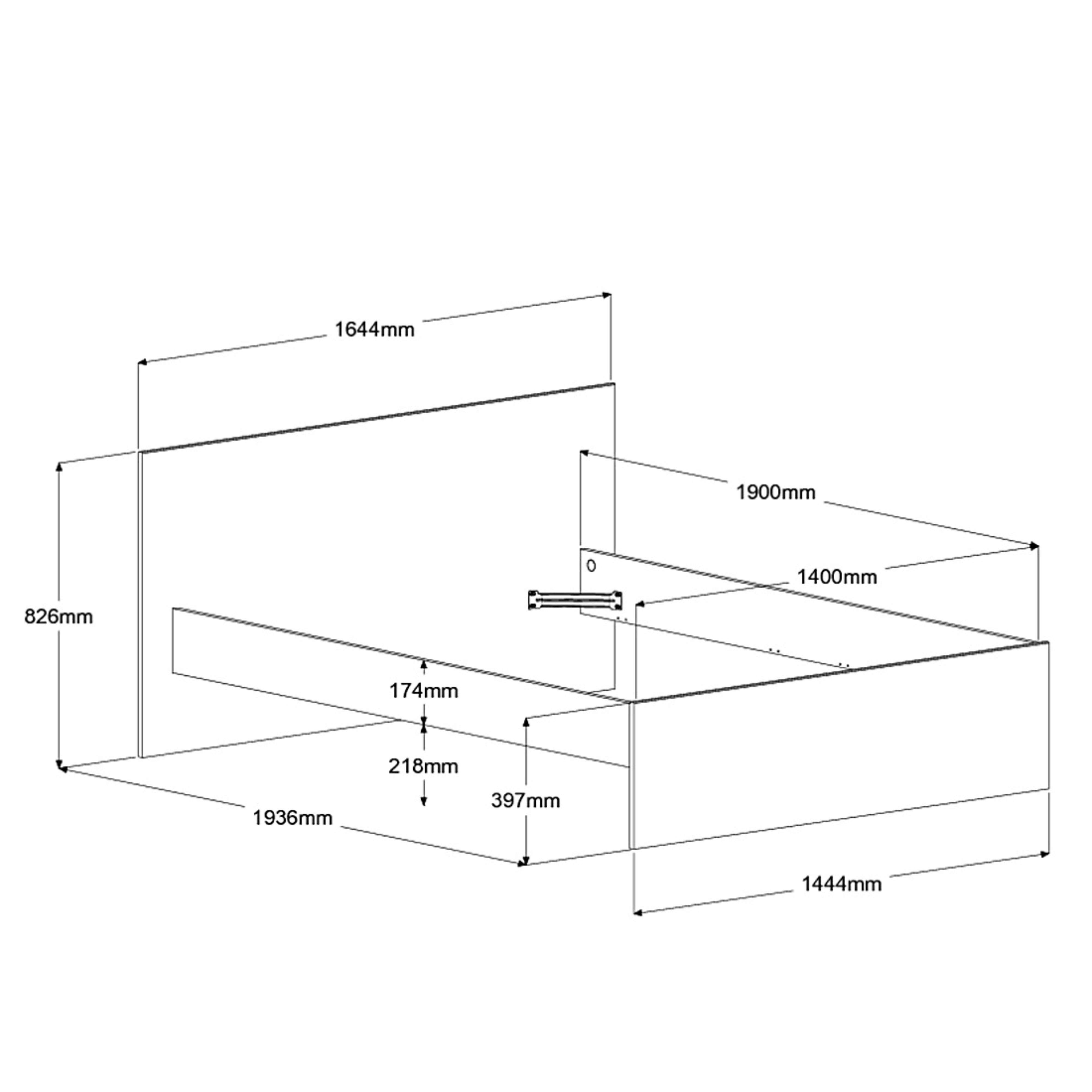 Dibujo técnico de una cama con dimensiones. 1644mm x 1936mm x 826mm.