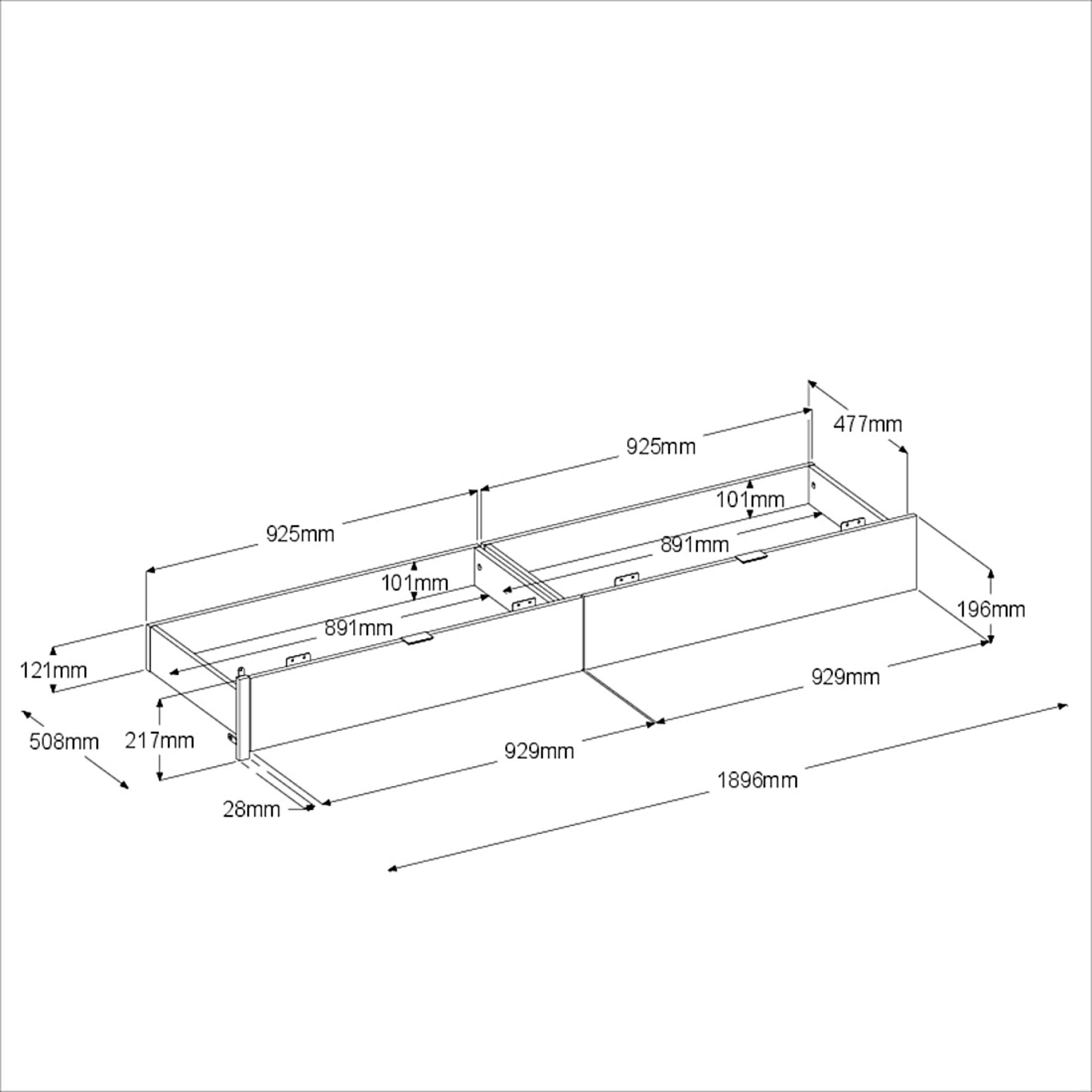 Dibujo técnico de una unidad de dos cajones con dimensiones.