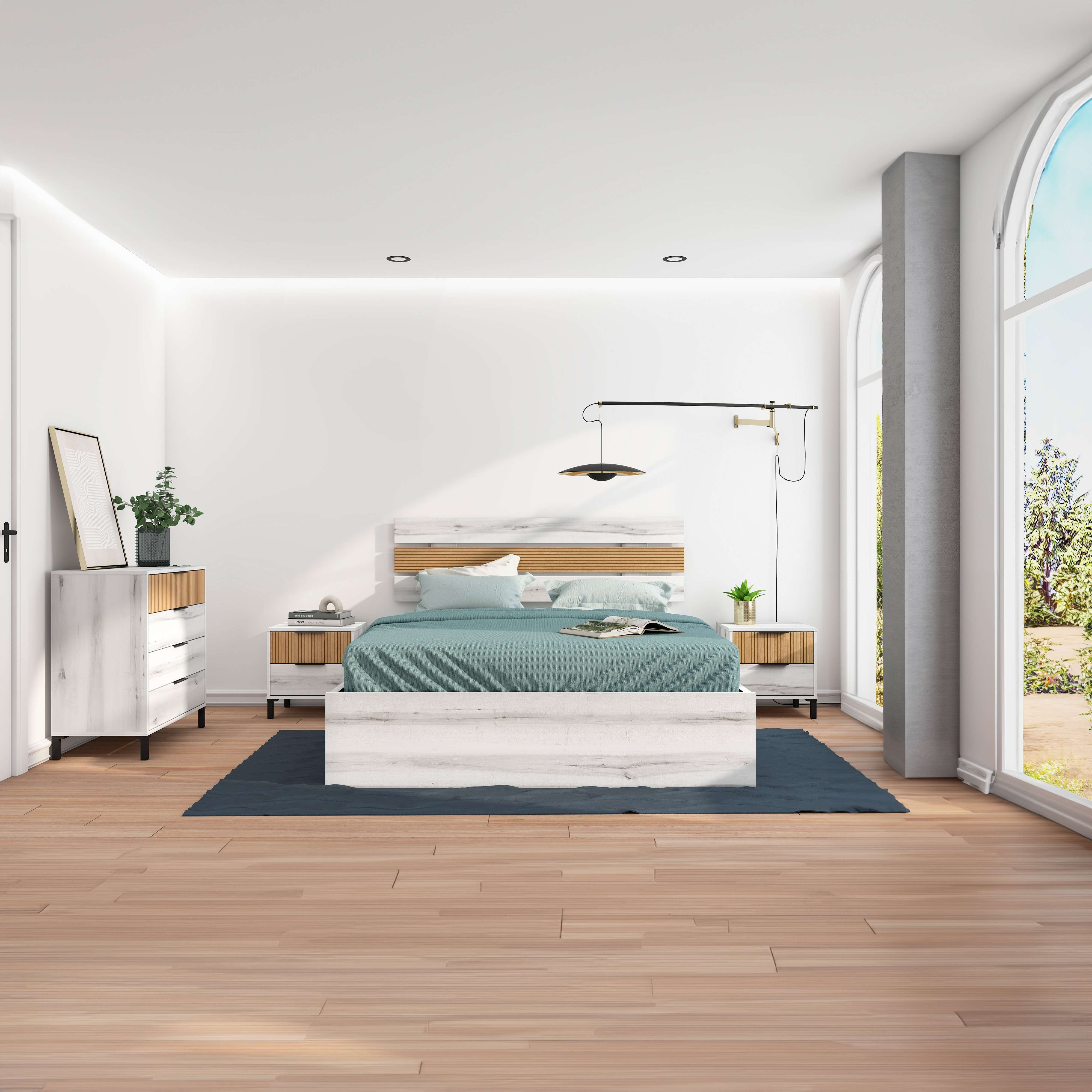 Dormitorio moderno con cama blanca, mesitas de noche, cómoda y ventana grande.