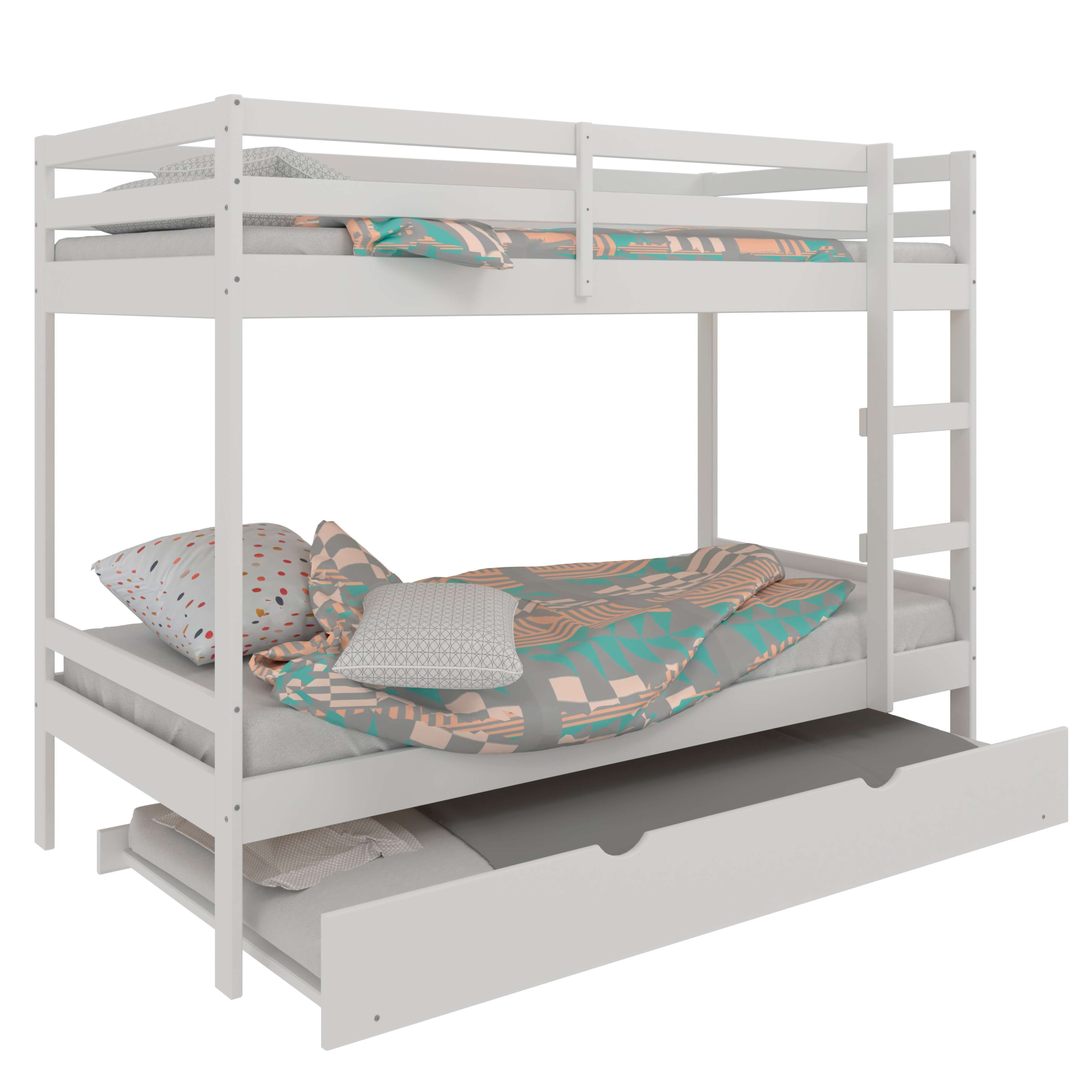 Una litera blanca con cama nido y almohadas y mantas coloridas.