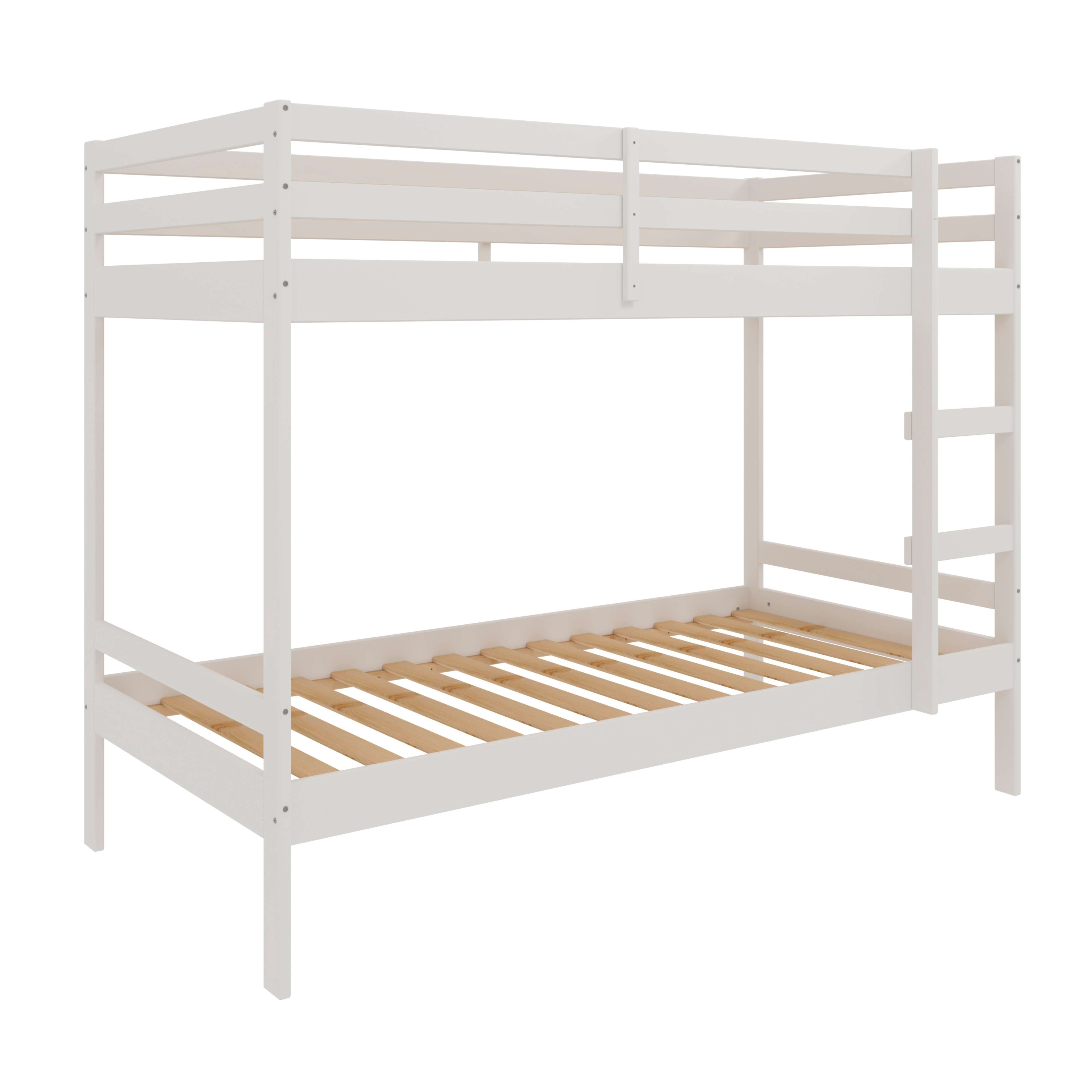 Una litera blanca de madera con escalera y somier de listones.