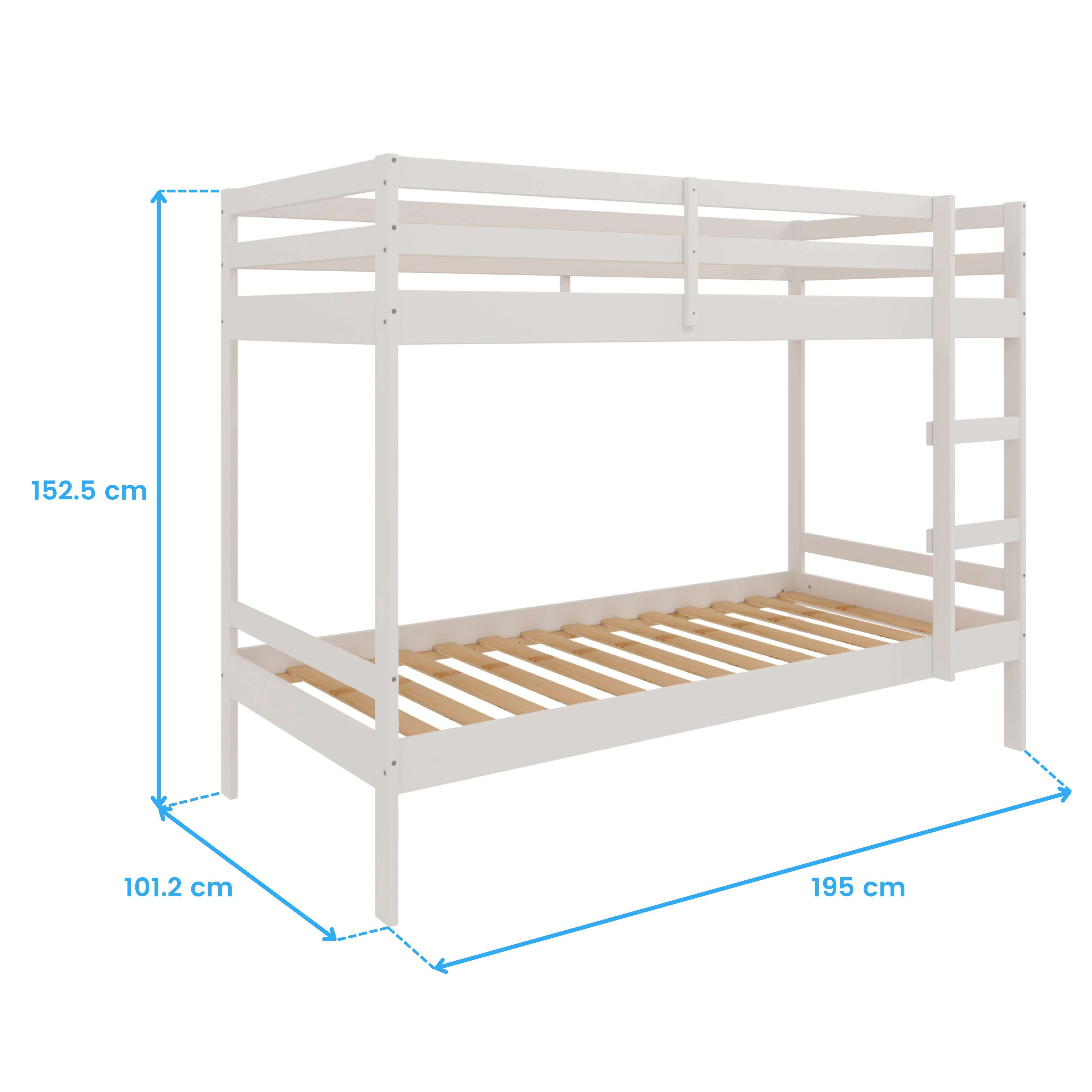 Una litera blanca con somier de listones de madera. Dimensiones: 195 cm L, 101,2 cm A, 152,5 cm H.