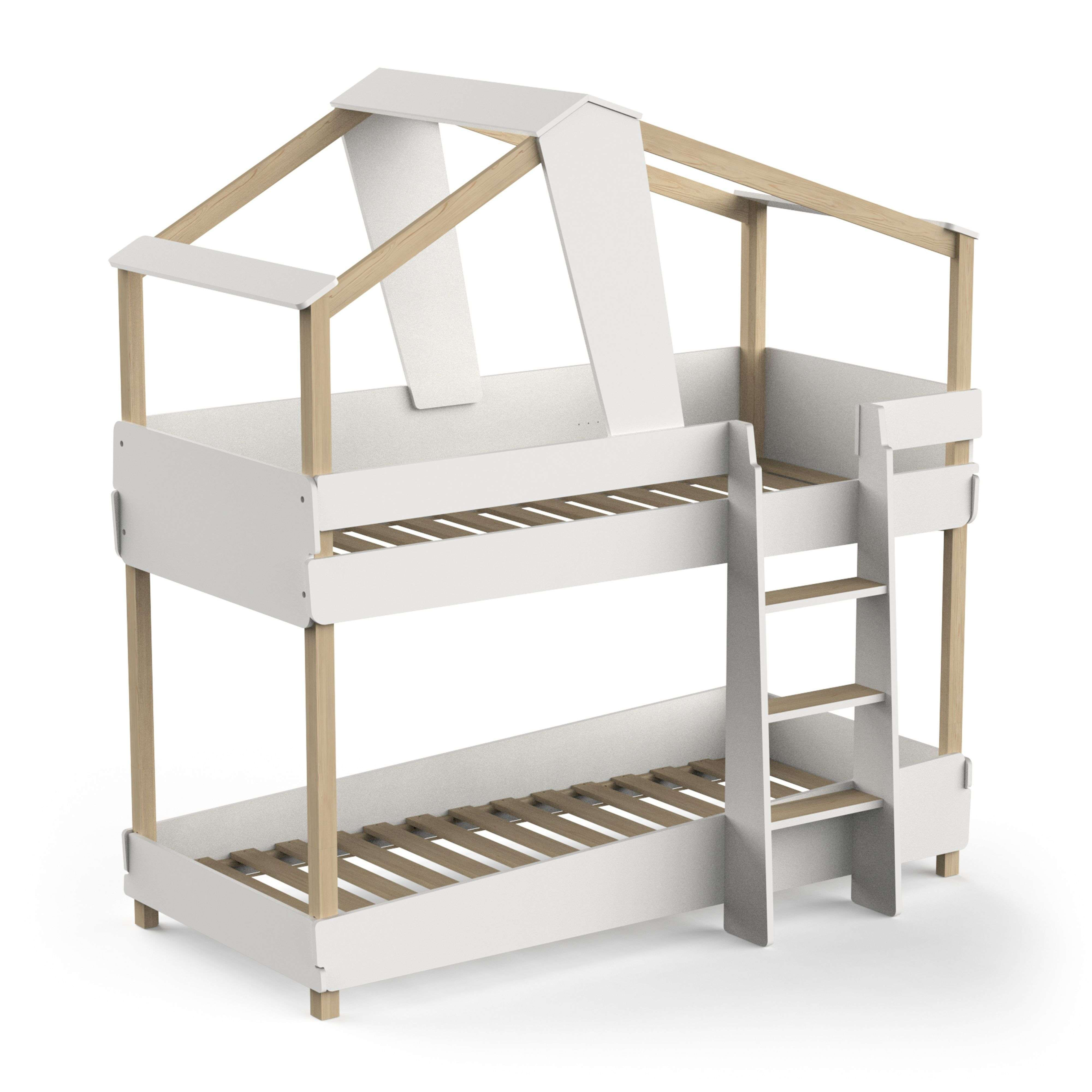Una litera blanca con marco de madera, diseño de casa, con escalera.