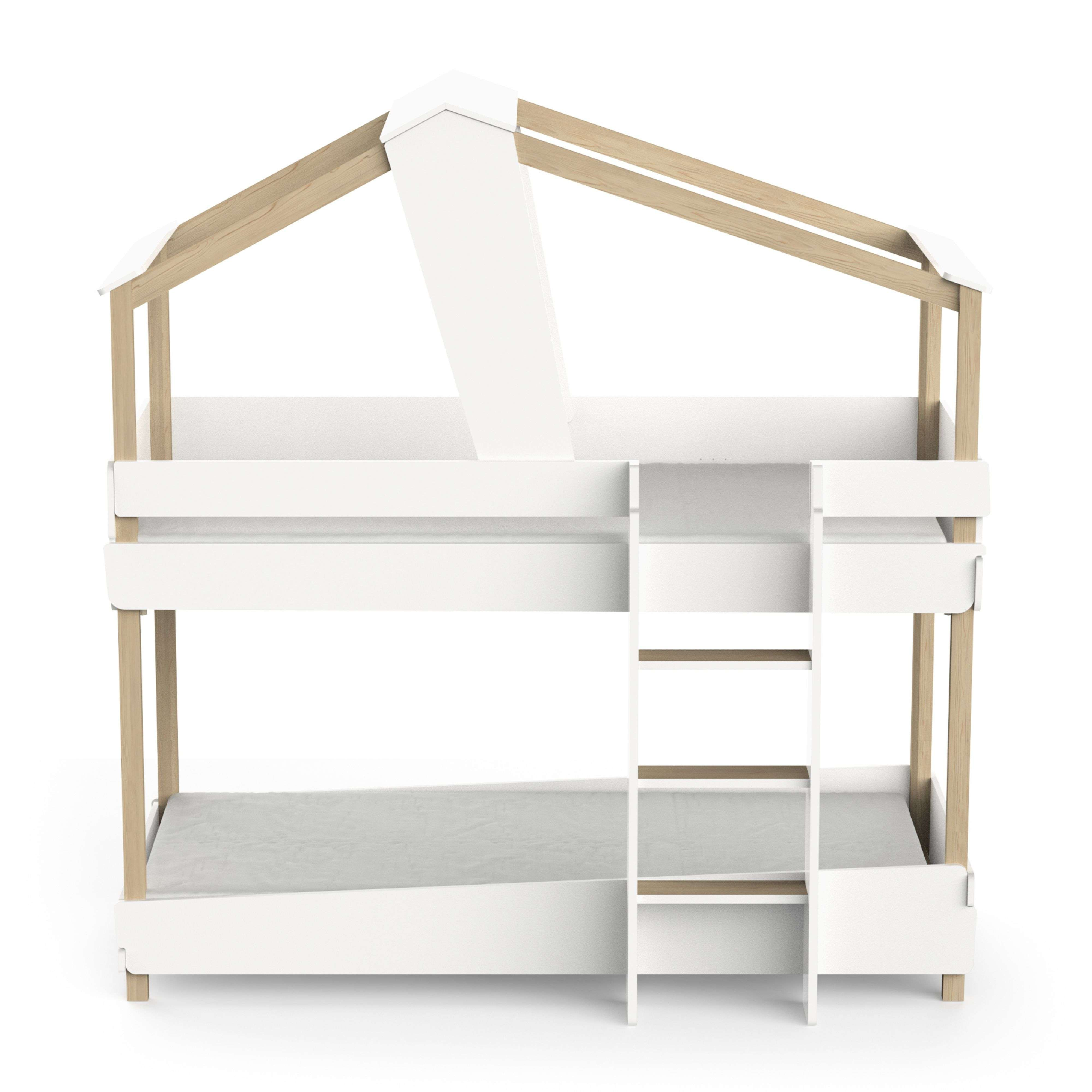 Una litera blanca y de madera con diseño de techo de casa, escalera y cajones.