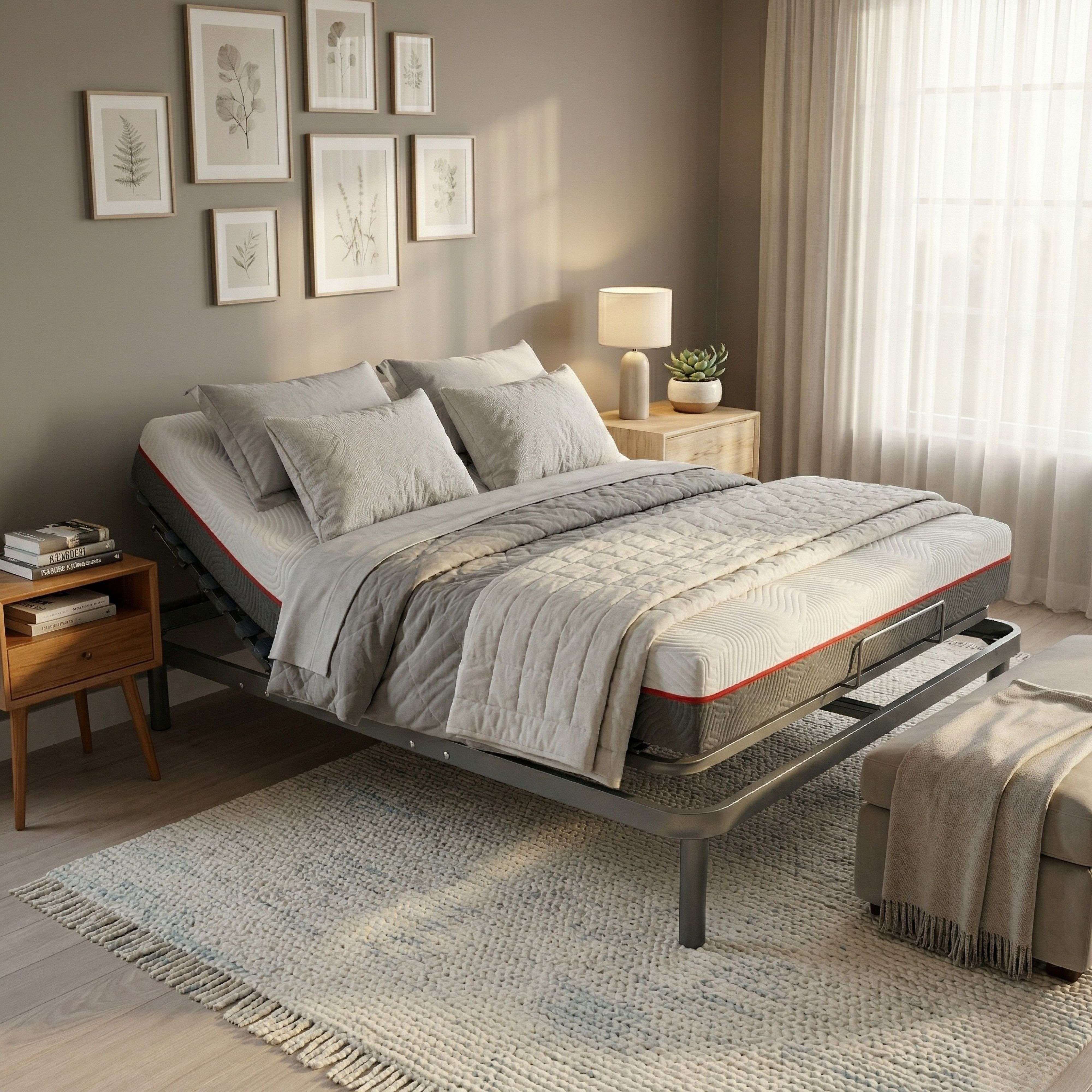 Una cama ajustable con ropa de cama blanca, mesita de noche de madera, lámpara y planta.